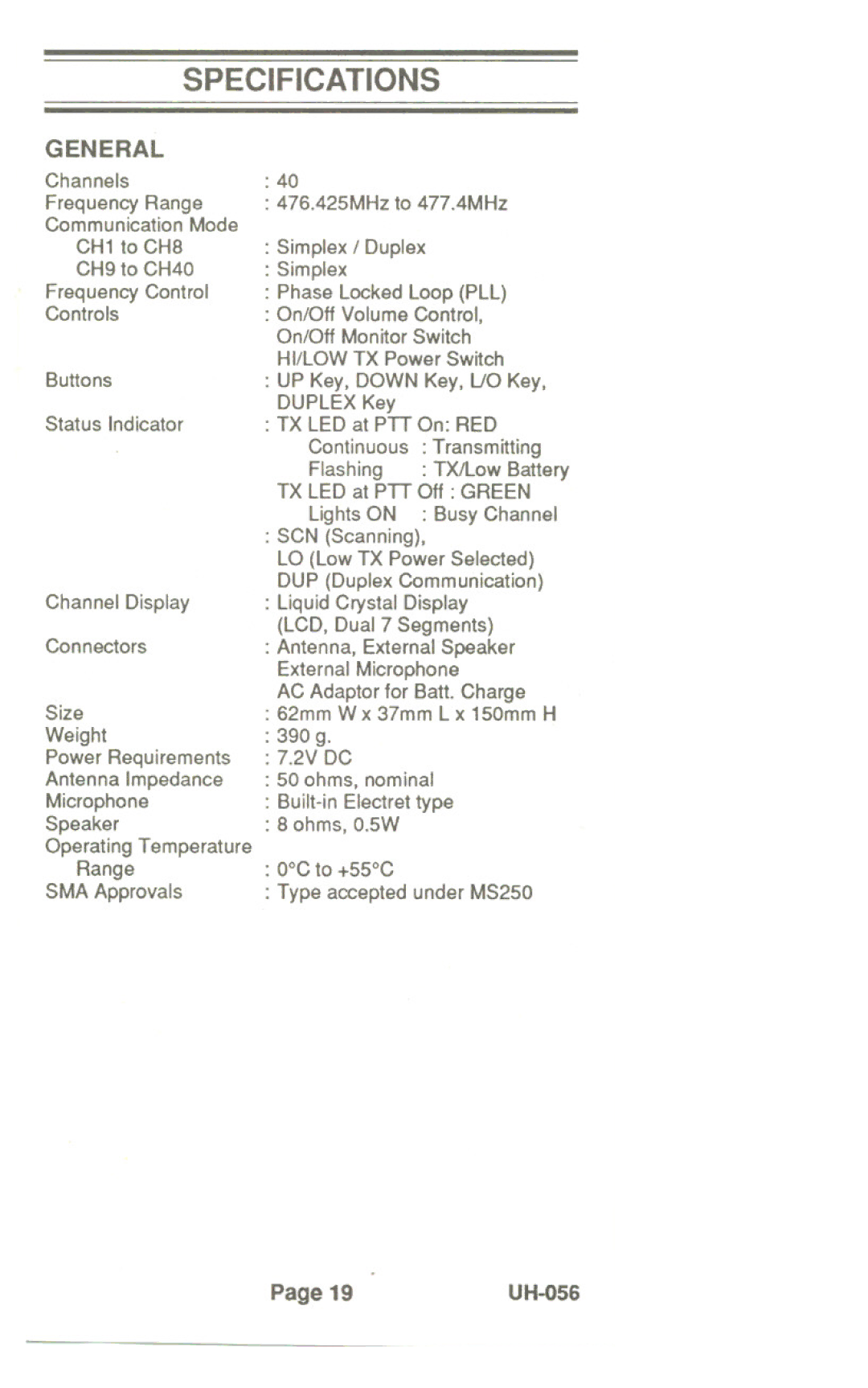 Uniden UH-056 manual Specifications 