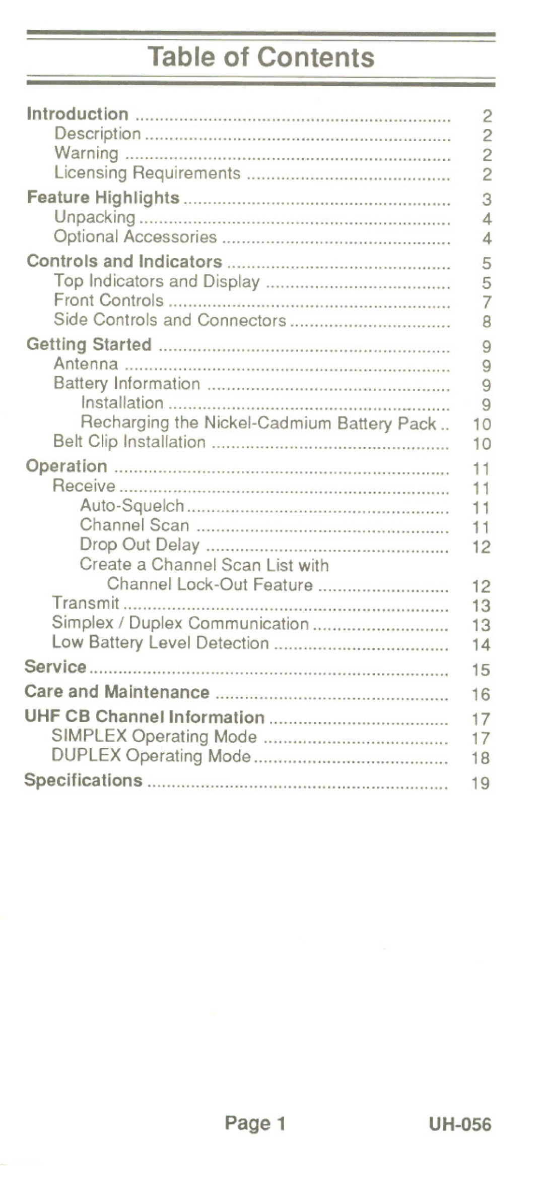 Uniden UH-056 manual Table of Contents 