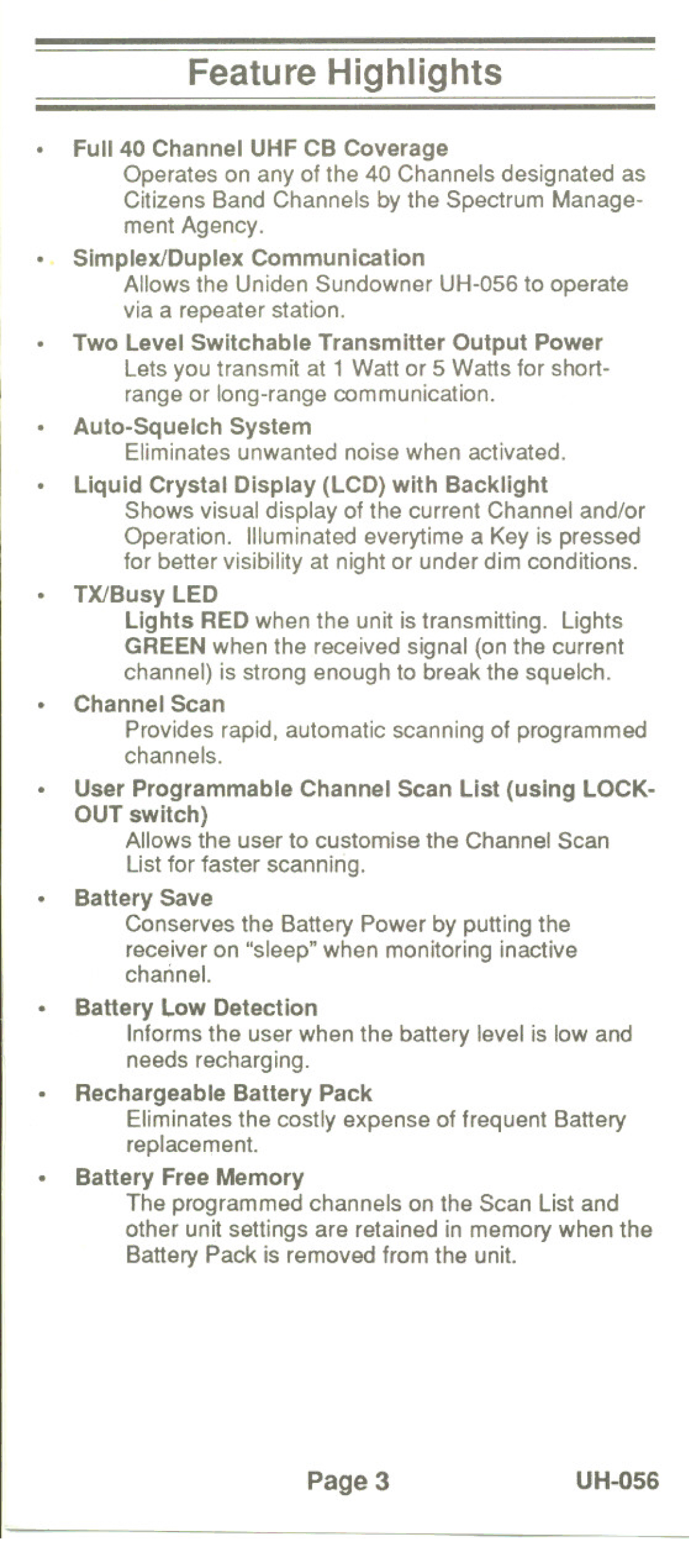 Uniden UH-056 manual Feature Highlights, Two Level Switchable Transmitter Output Power 