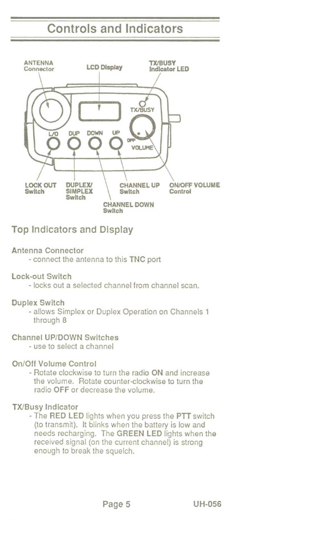 Uniden UH-056 manual Controls and Indicators, Top Indicators and Display 