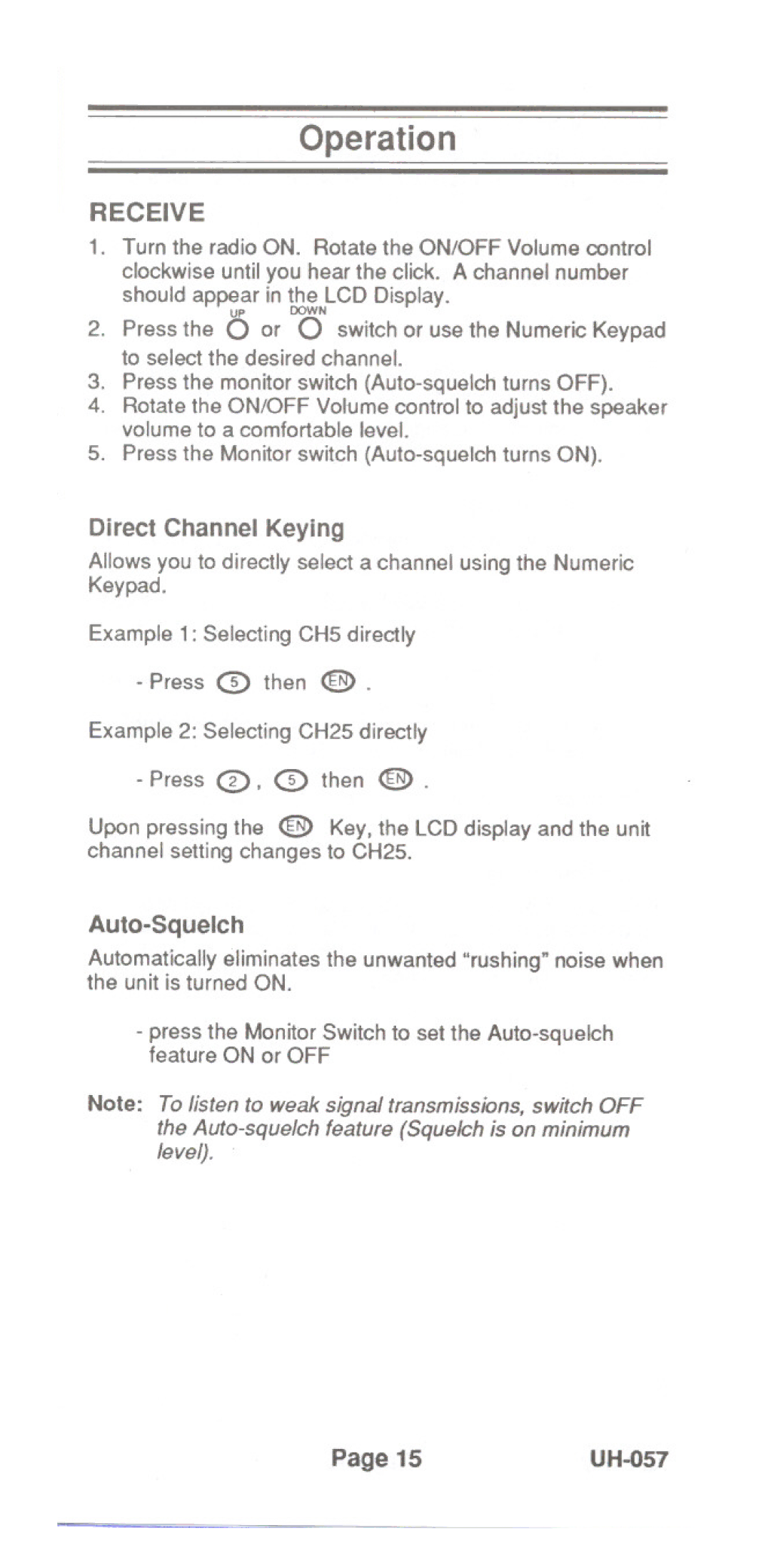 Uniden UH-057 manual Operation 