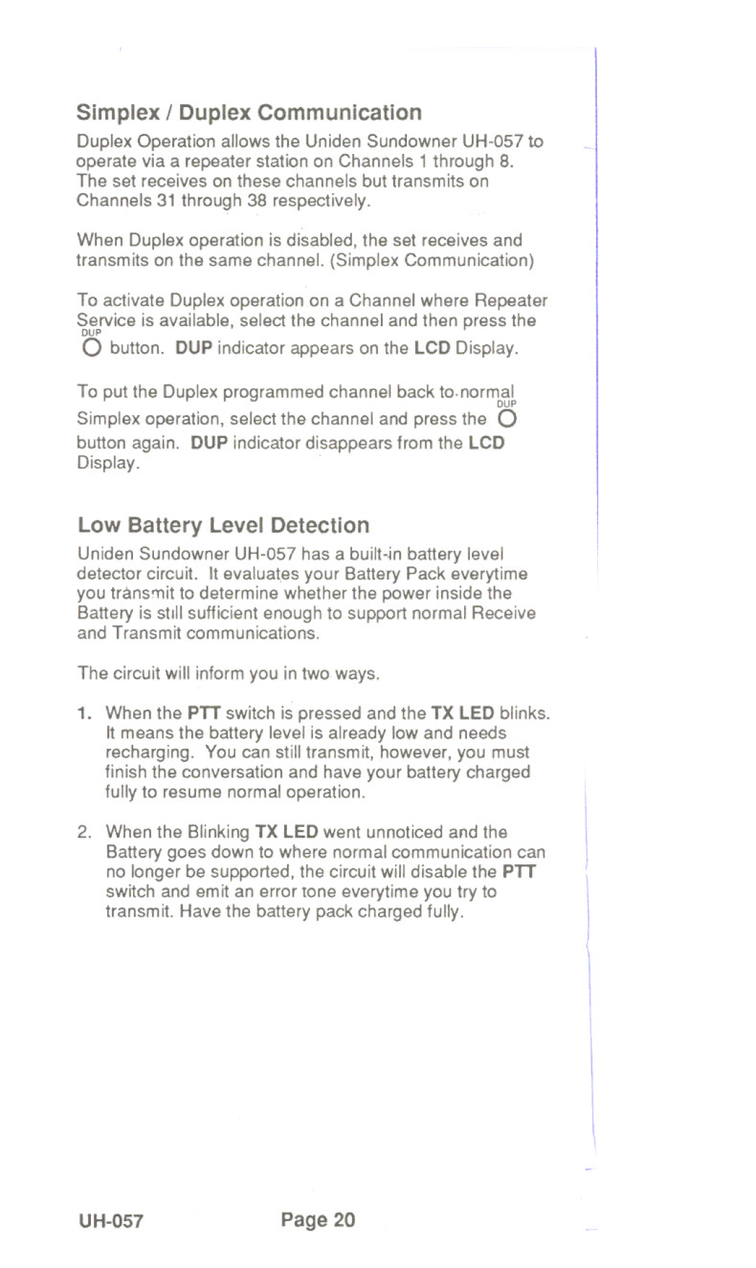 Uniden UH-057 manual Low Battery Level Detection, Button. DUP indicator appears on the LCD Display 