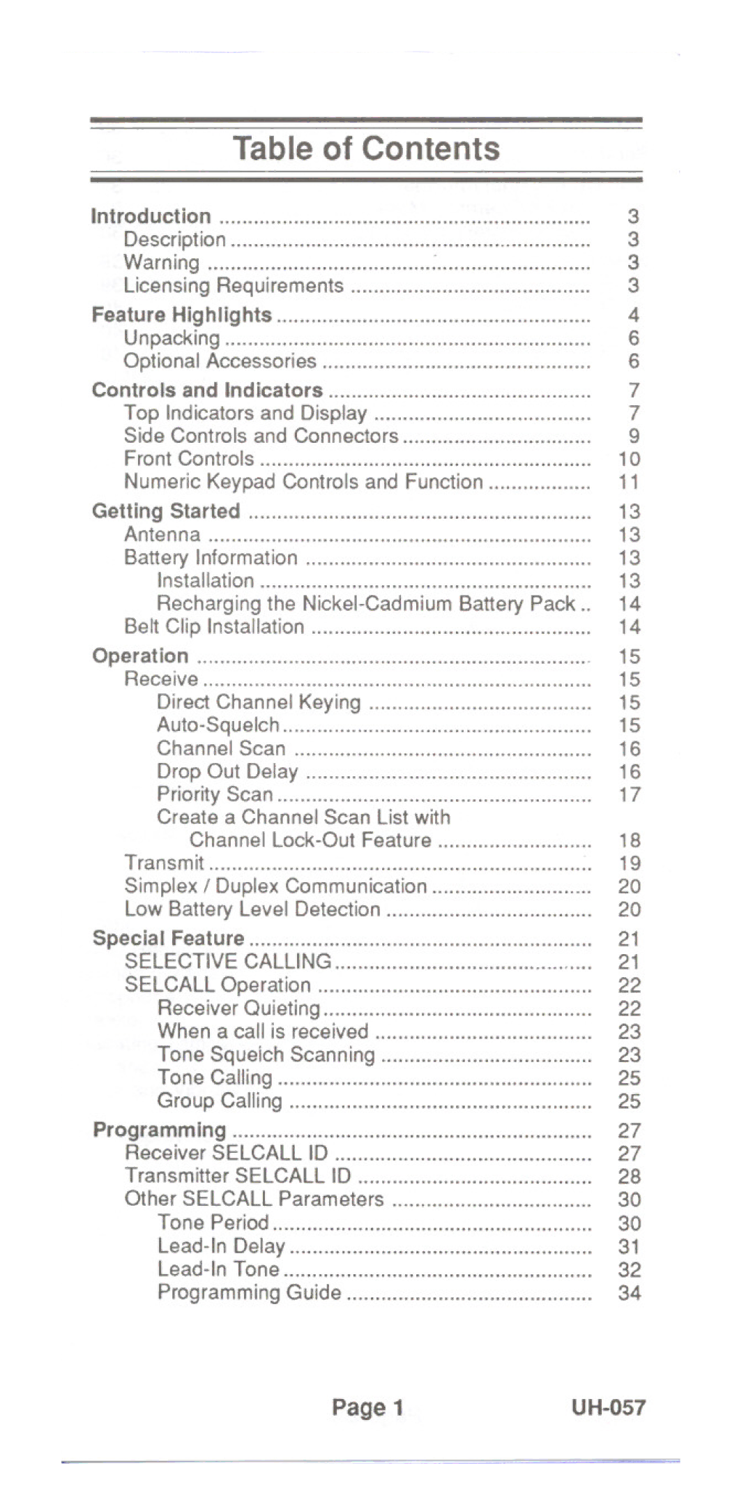 Uniden UH-057 manual Table of Contents 