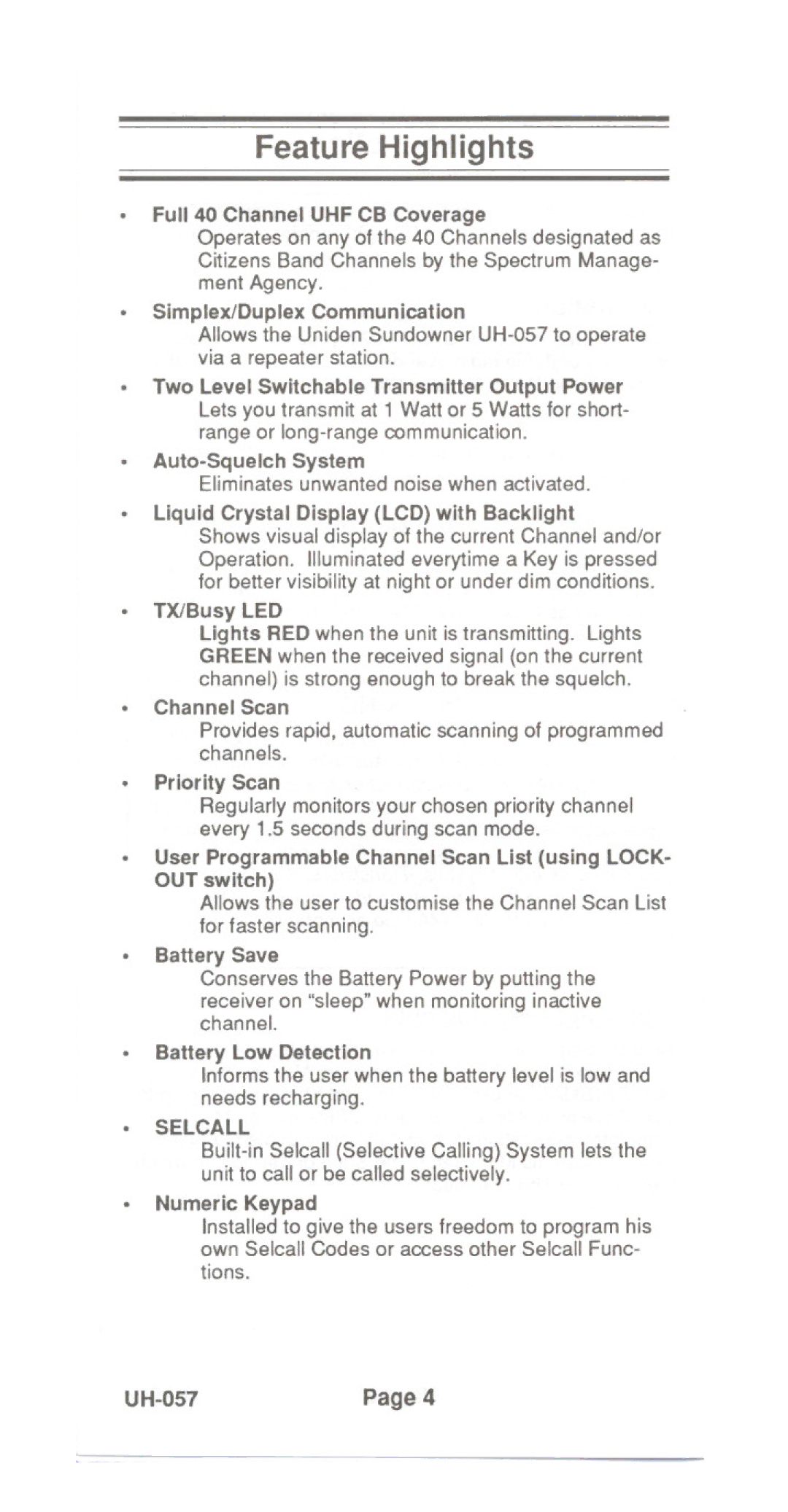 Uniden UH-057 manual Feature Highlights 