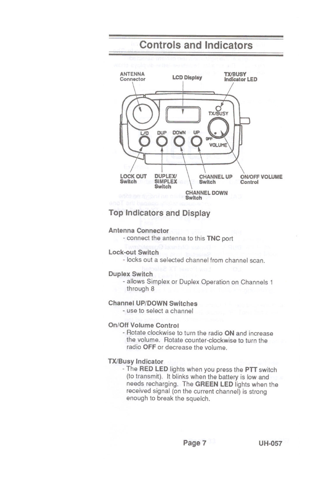 Uniden UH-057 manual Top Indicators and Display, Locks out a selected channel from channel scan 