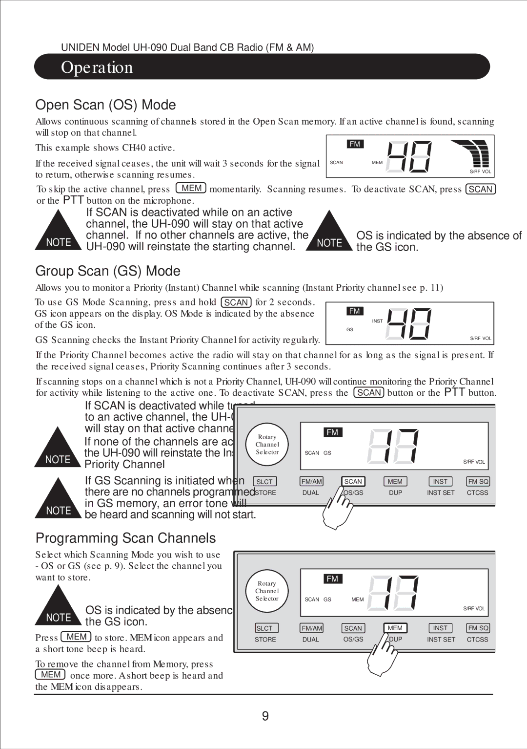 Uniden UH-090 owner manual Open Scan OS Mode, Group Scan GS Mode, Programming Scan Channels 