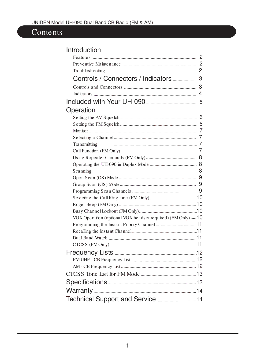 Uniden UH-090 owner manual Contents 