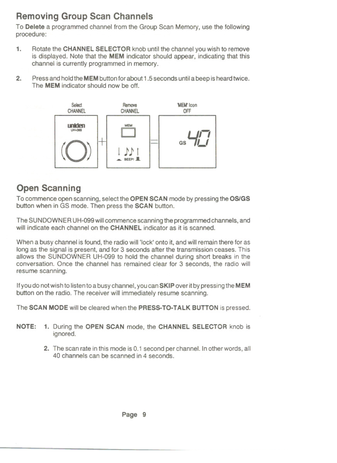 Uniden UH-099 owner manual Removing Group Scan Channels, Open Scanning 