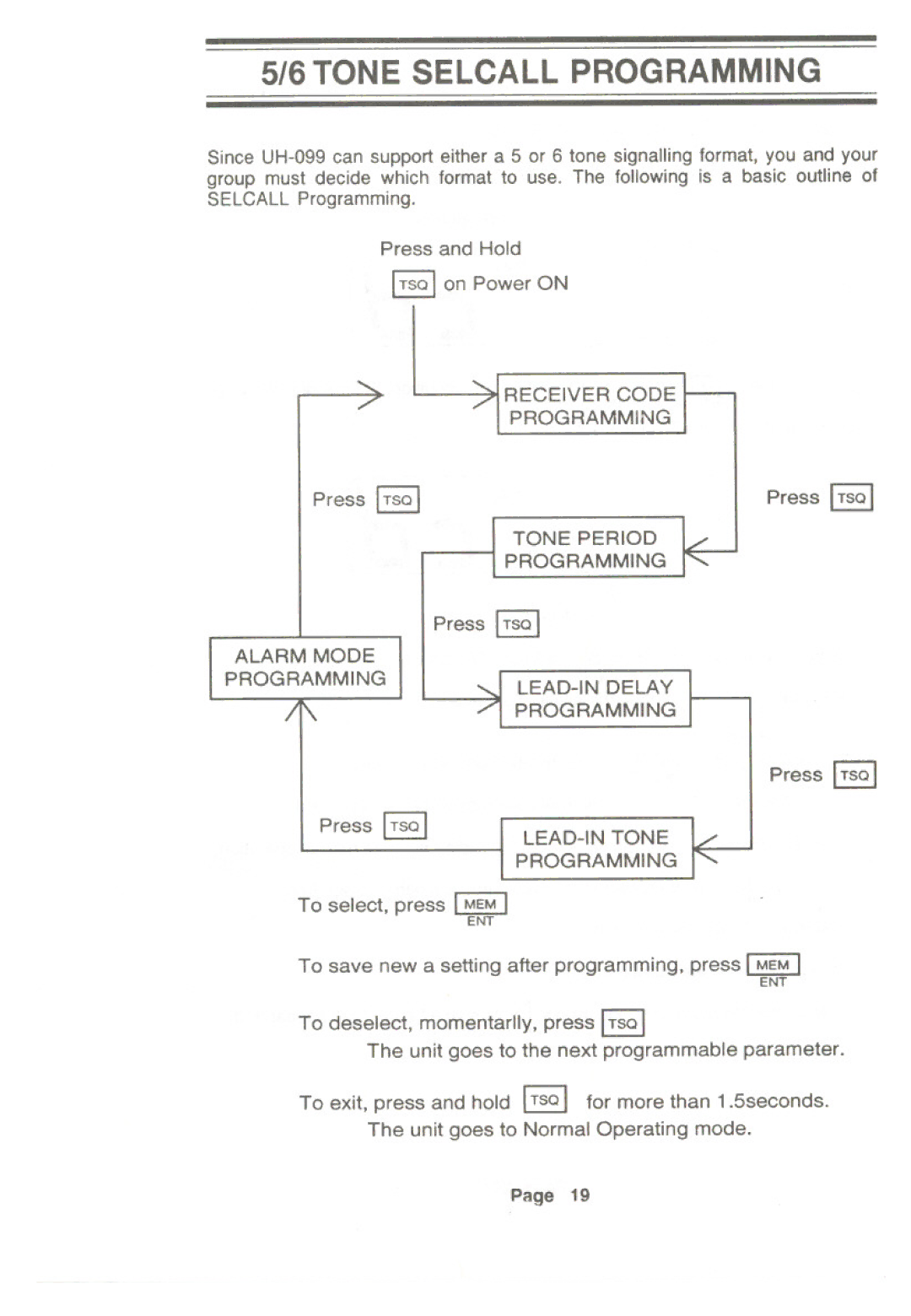 Uniden UH-099 owner manual Press I TSQ, To select, press I MEM, To save new a setting after programming, press I MEM 