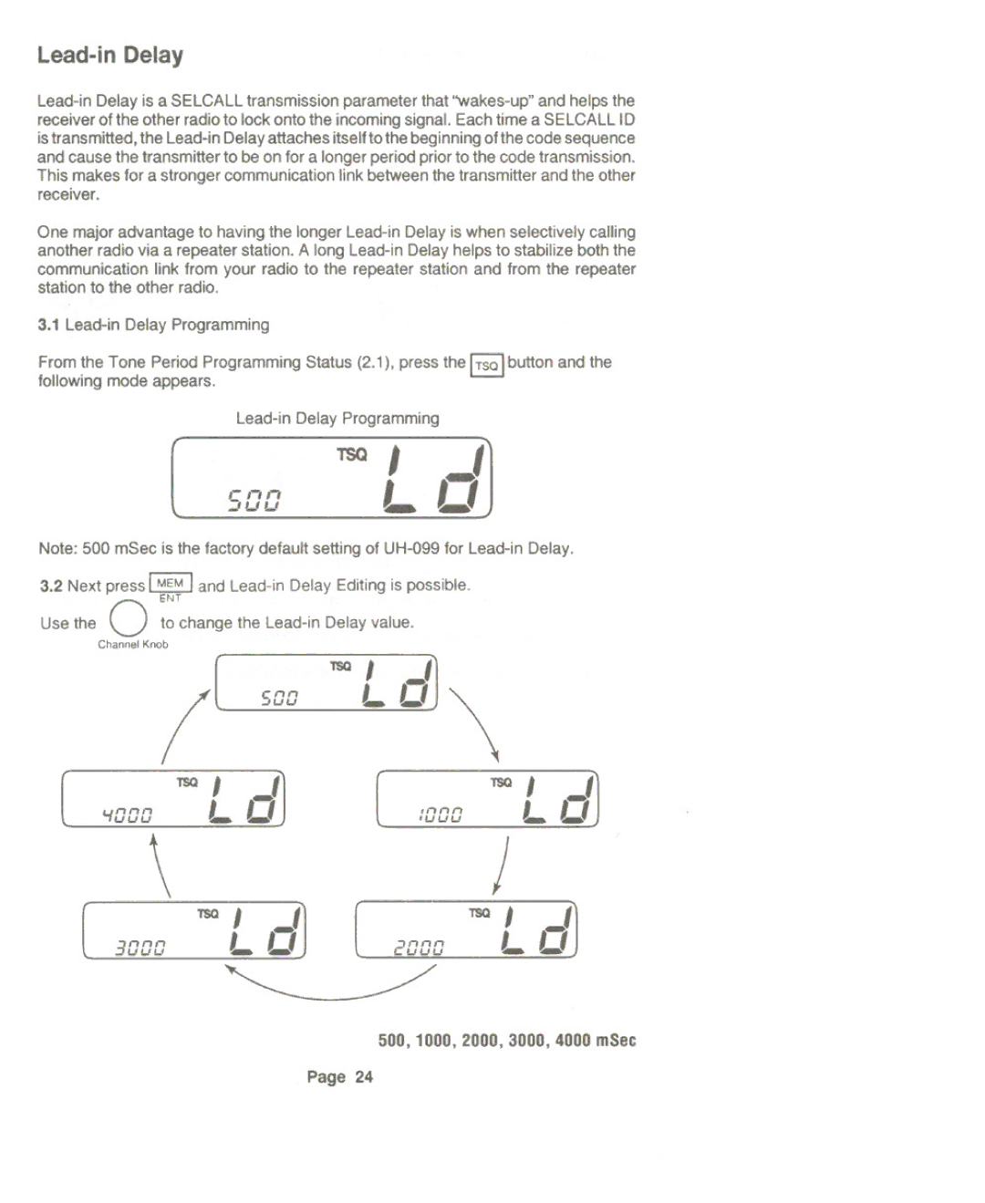 Uniden UH-099 owner manual I=~I~, 500,1000,2000,3000,4000 mSec 