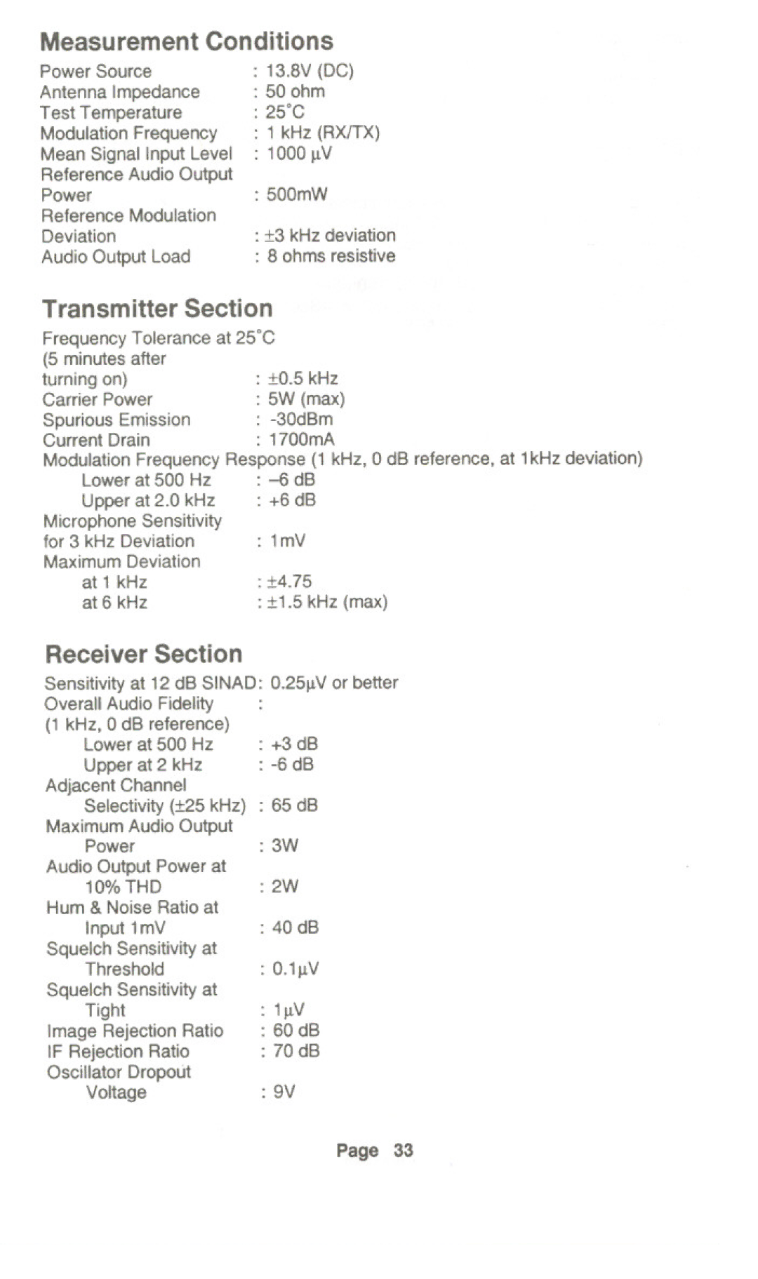 Uniden UH-099 owner manual Measurement Conditions, Transmitter Section, Receiver Section 