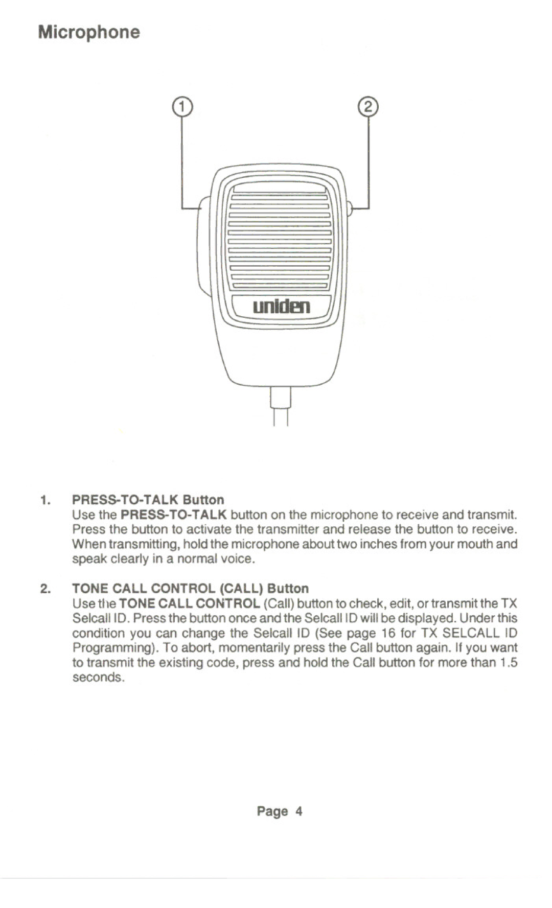 Uniden UH-099 owner manual Microphone, PRESS- TO-TALK Button 