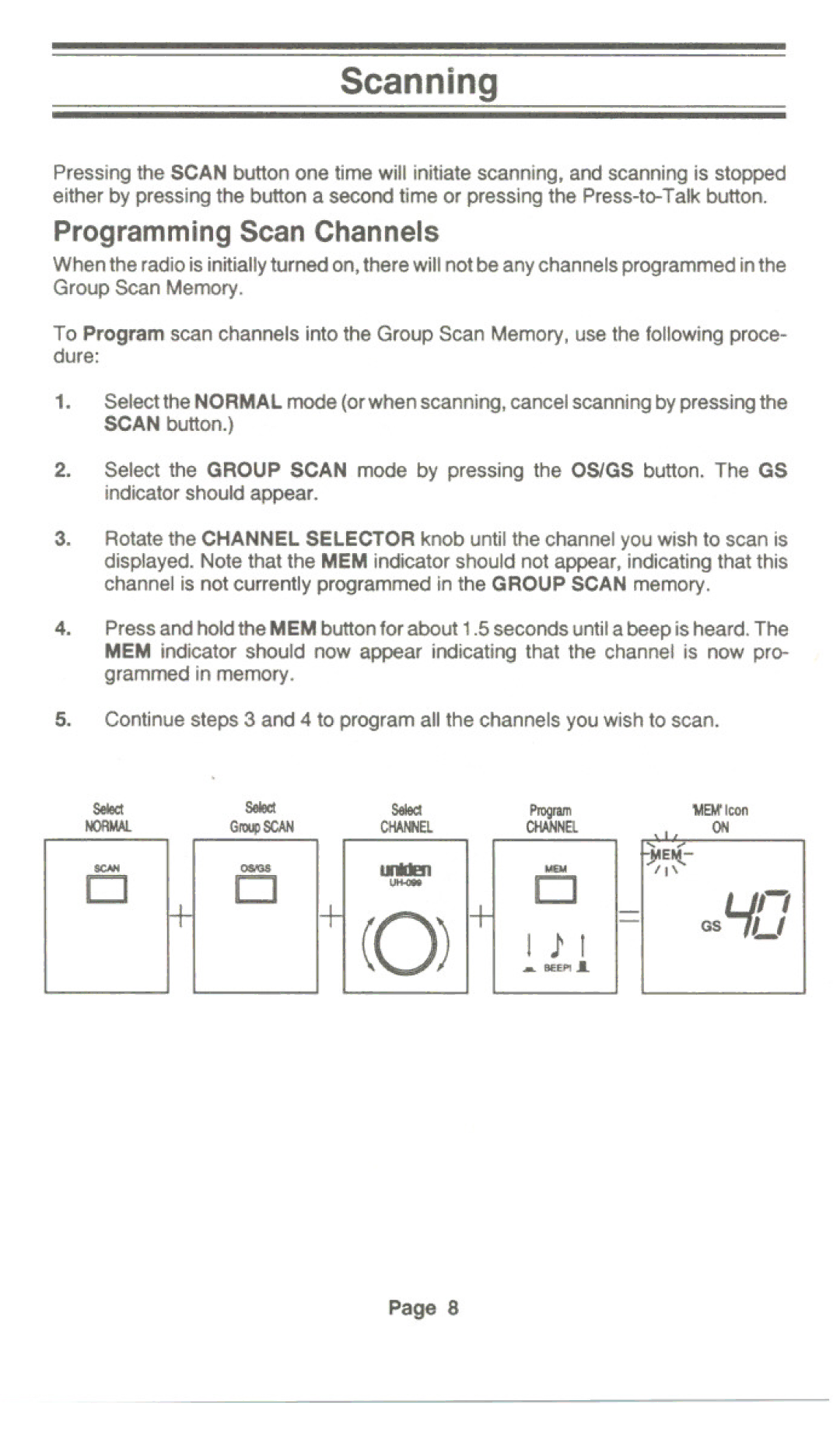 Uniden UH-099 owner manual Scanning, Programming Scan Channels 