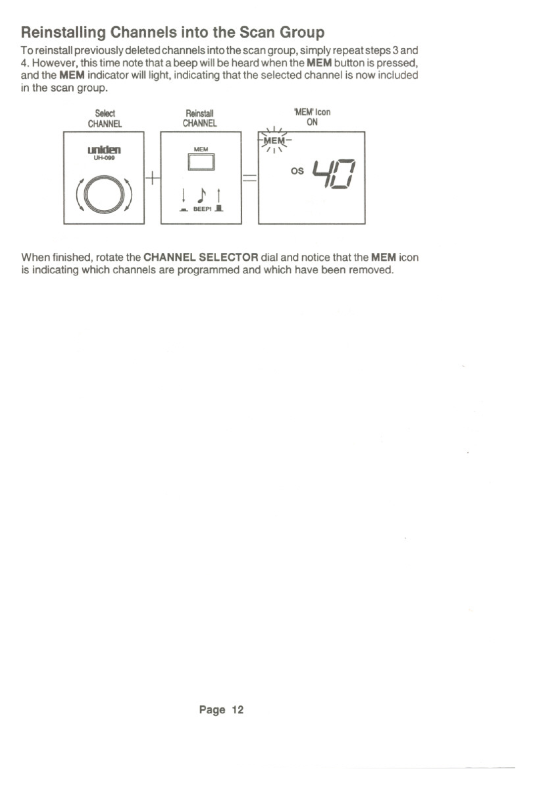 Uniden UH-099 owner manual 1 t, Reinstalling Channels into the Scan Group, os U, Page 
