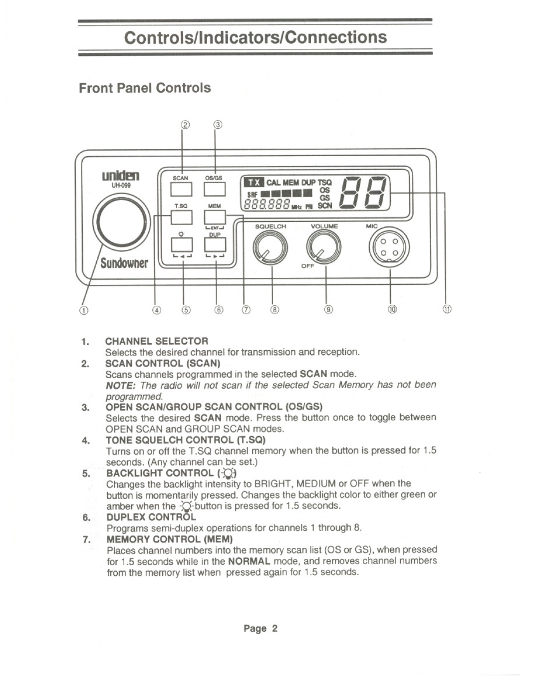 Uniden UH-099 owner manual oLJ Oo~ ~, Contro 15/1nd icators/Con nactio ns, Front Panel Controls, unldl!l1, Page 