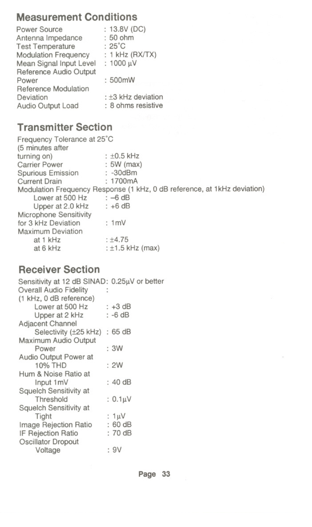 Uniden UH-099 owner manual Measurement Conditions, Transmitter Section, Receiver Section, 11.5kHz max 