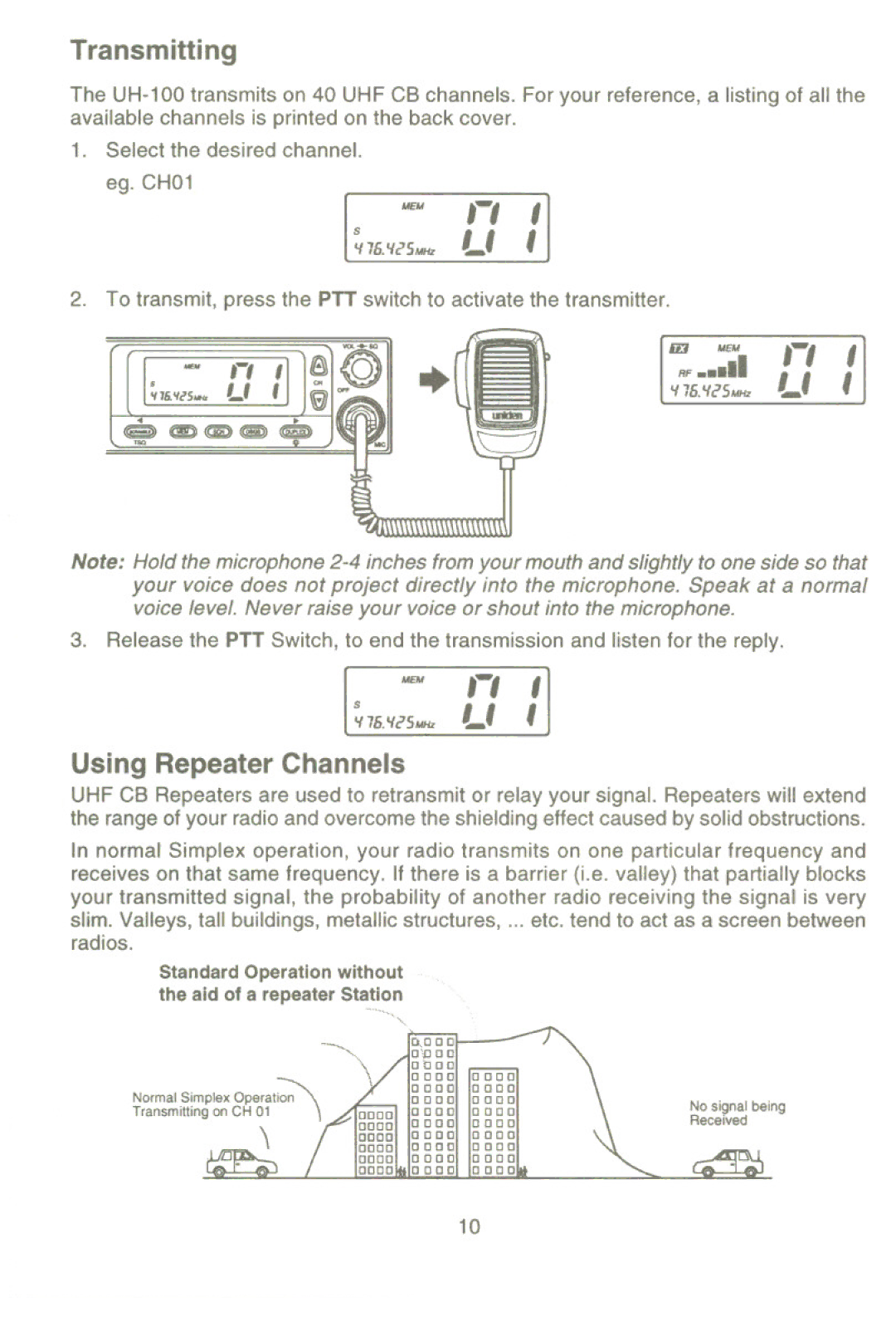 Uniden UH-100 owner manual Transmitting, Using Repeater Channels 