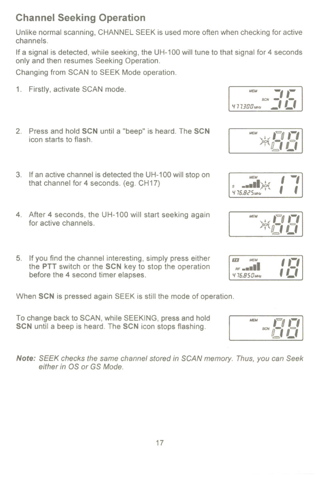 Uniden UH-100 owner manual EM. ,-,s ...II~ I, Channel Seeking Operation 