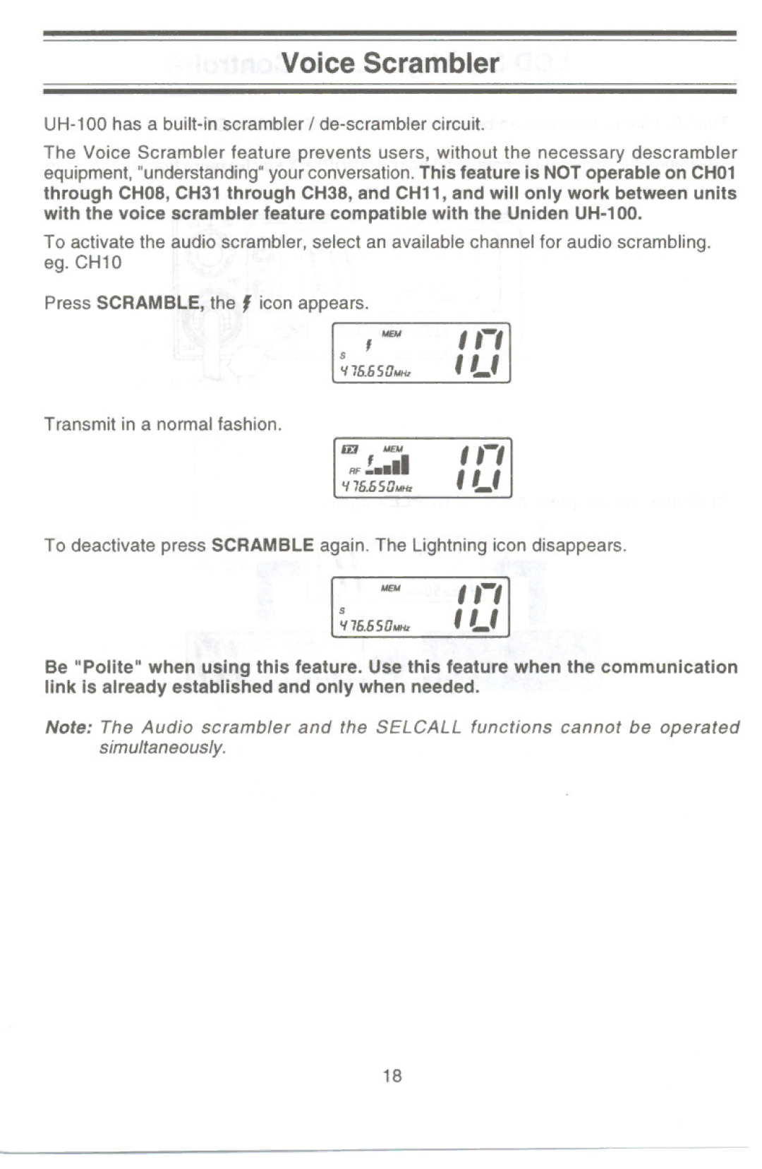 Uniden UH-100 owner manual Voice Scrambler 