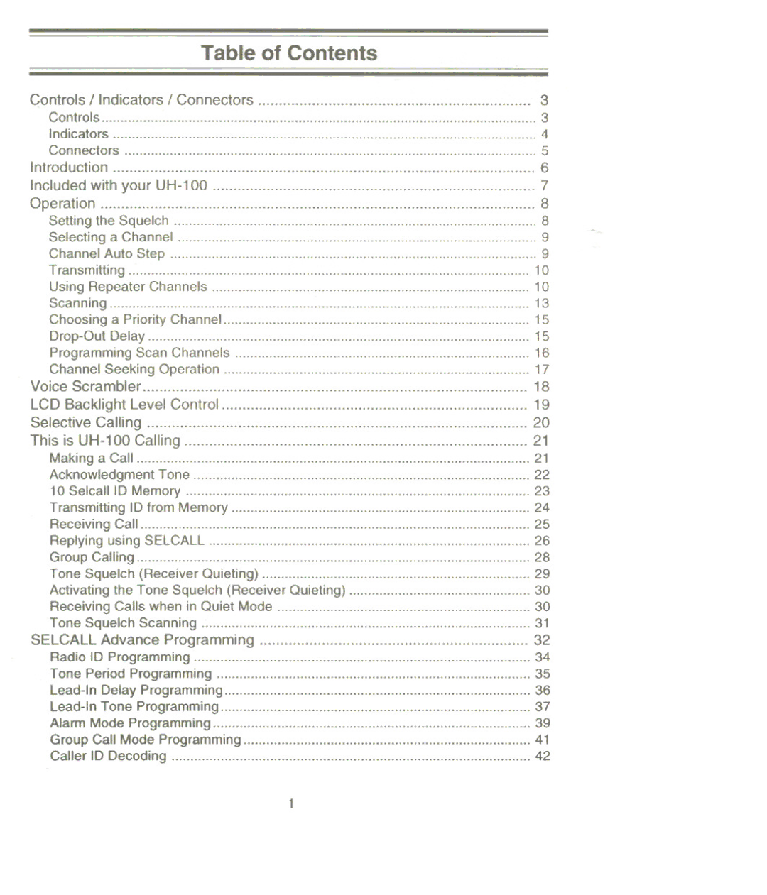 Uniden UH-100 owner manual Table of Contents 