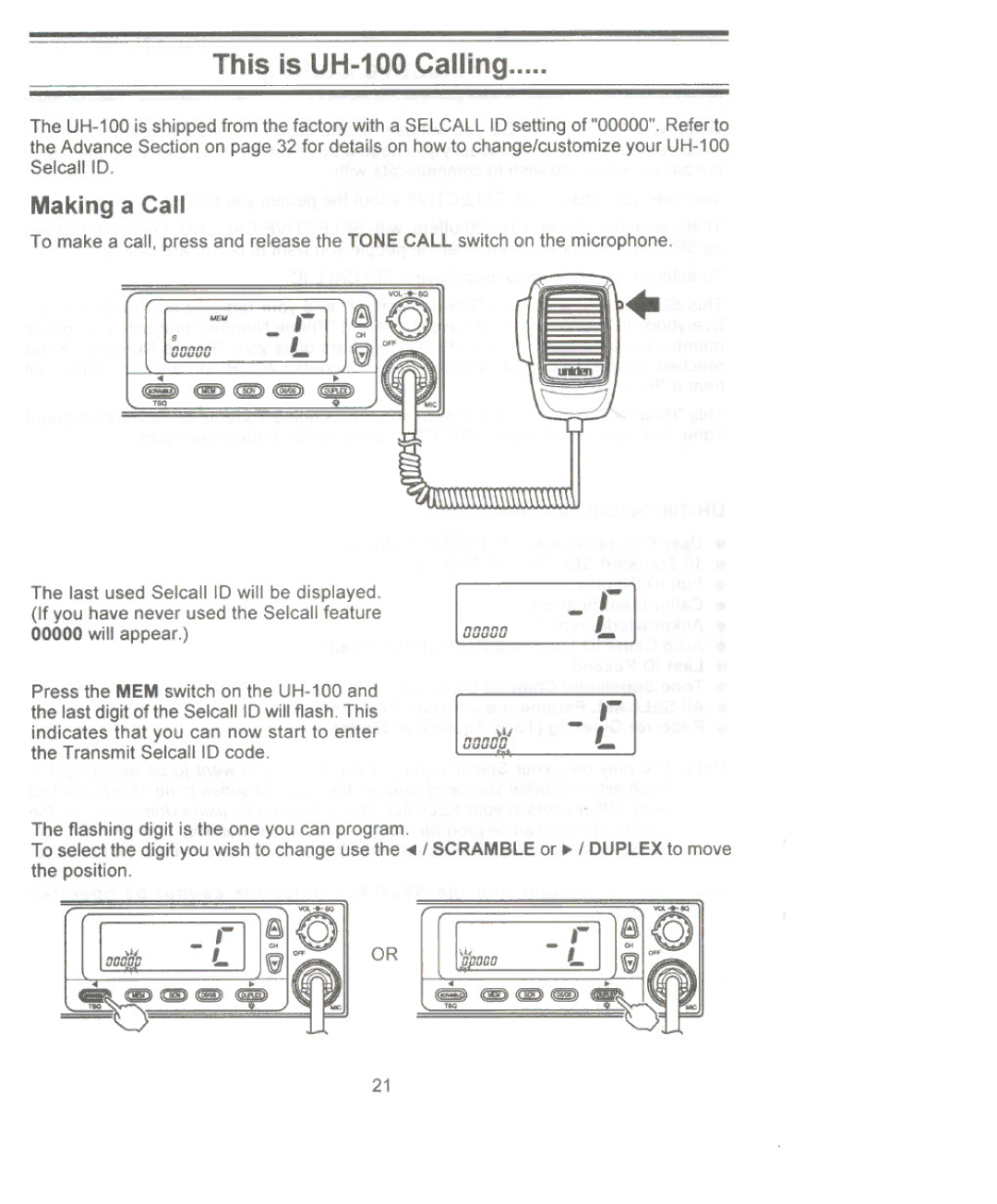 Uniden owner manual This is UH-100 Calling, Making a Call 