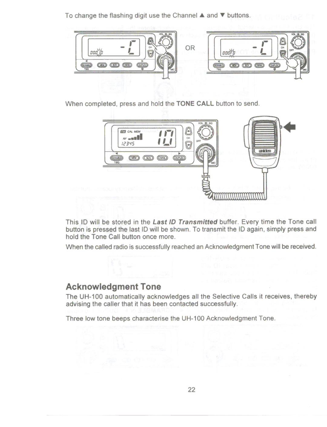 Uniden UH-100 owner manual ILl, Acknowledgment Tone 