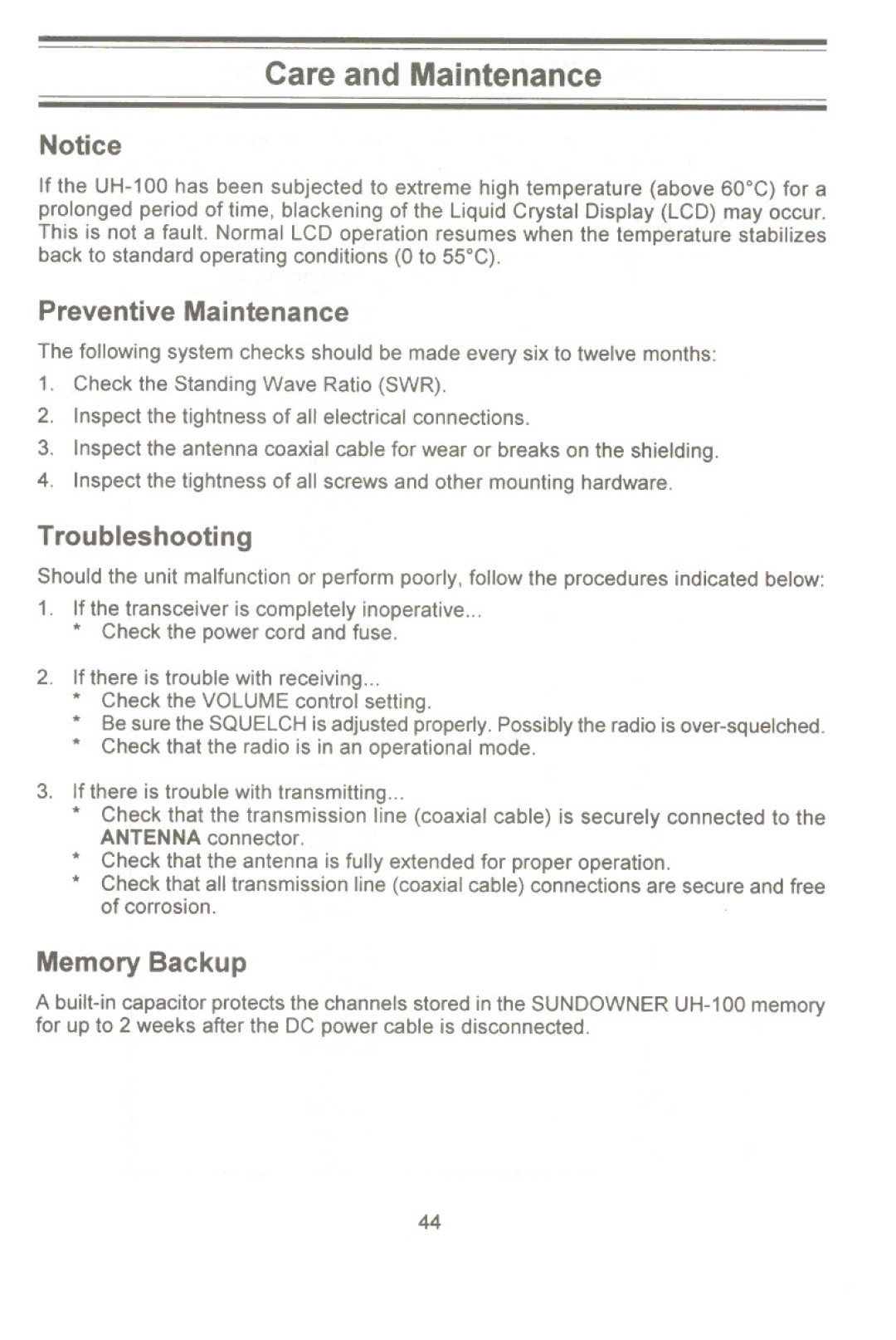 Uniden UH-100 owner manual Care and Maintenance, Preventive Maintenance, Memory Backup 