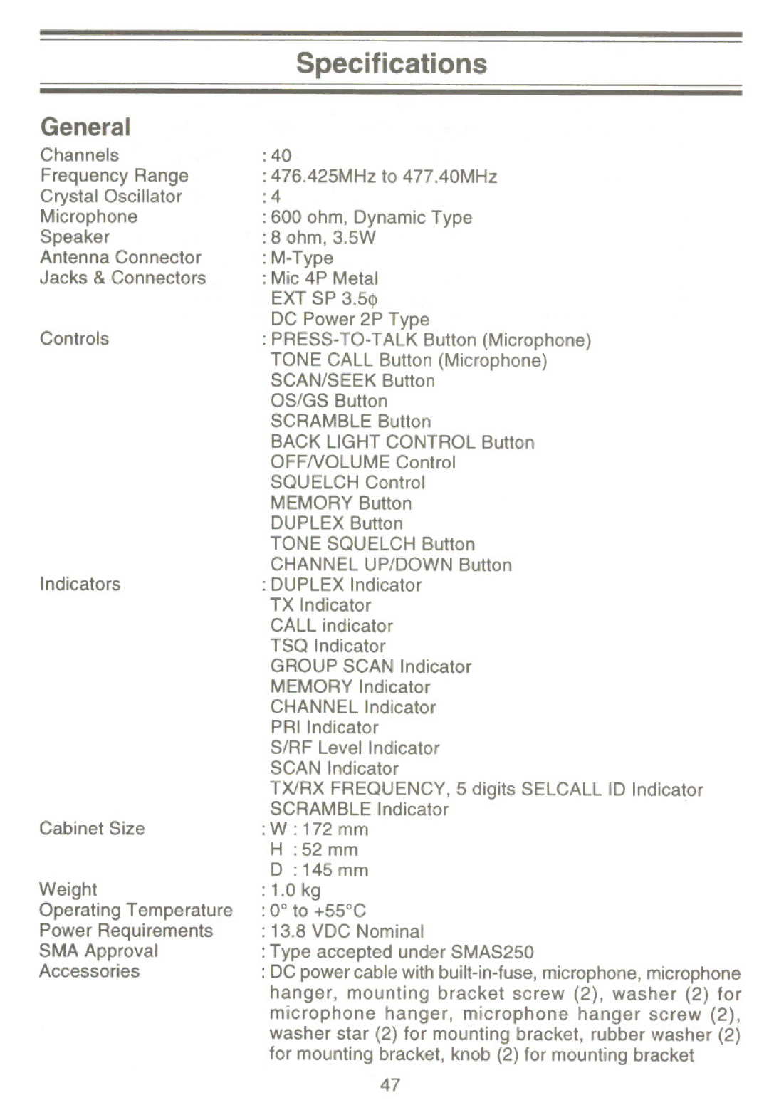 Uniden UH-100 owner manual General, Specifications 