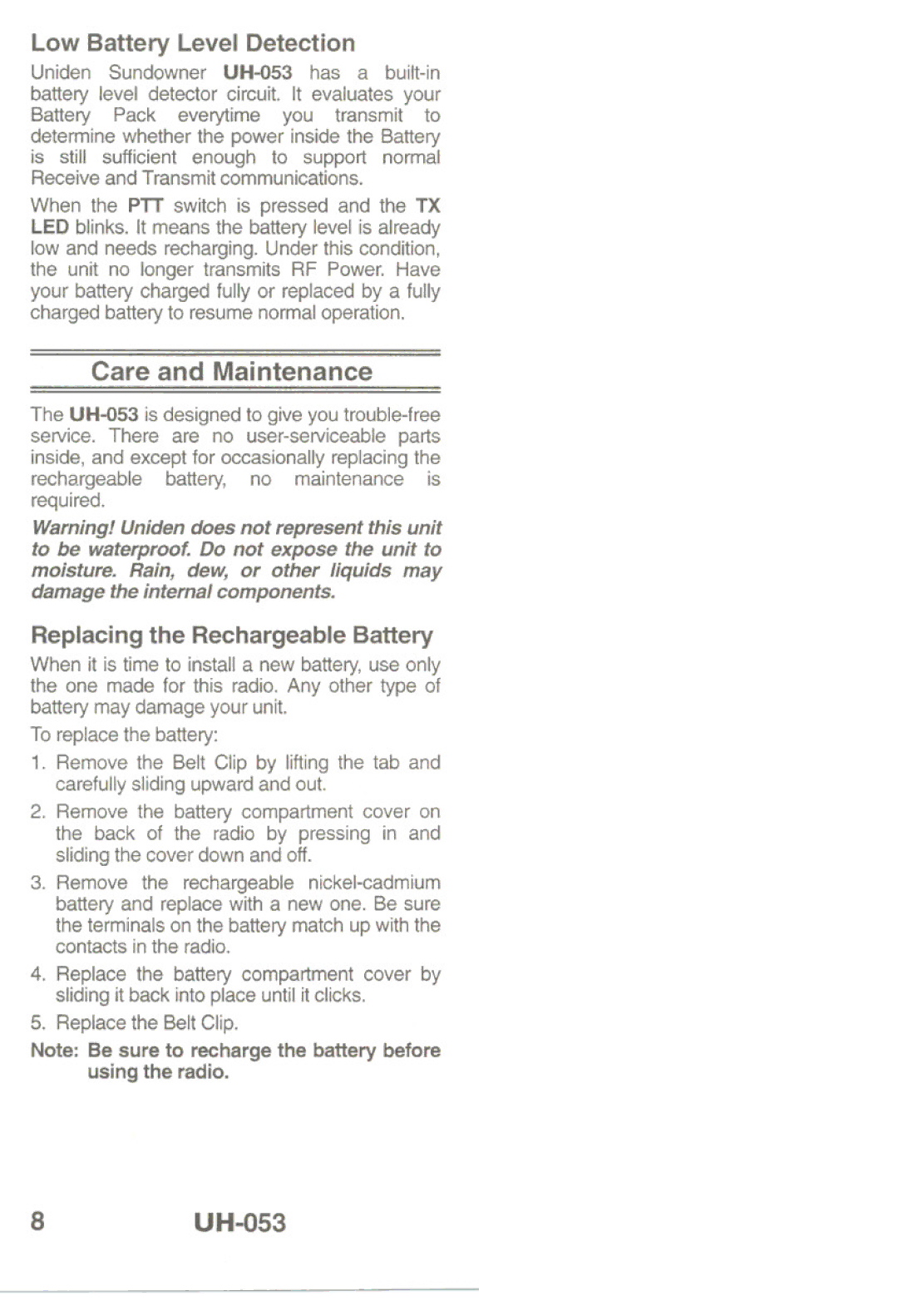 Uniden manual 8UH-O53, Care and Maintenance, Replacing the Rechargeable Battery, Low Battery Level Detection 