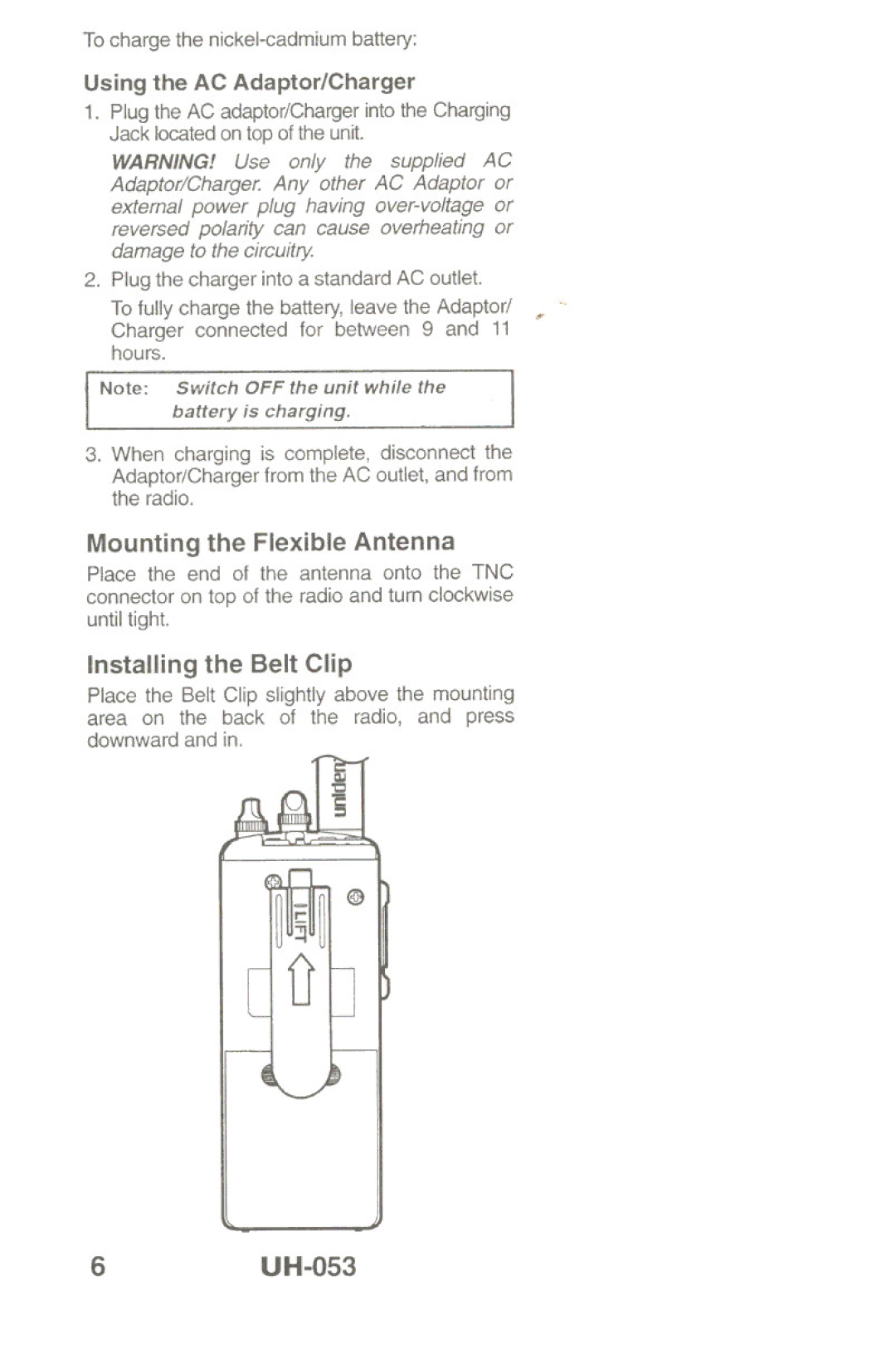 Uniden UH-O53 manual 6U H-O53, Installing the Belt Clip, Mounting the Flexible Antenna 