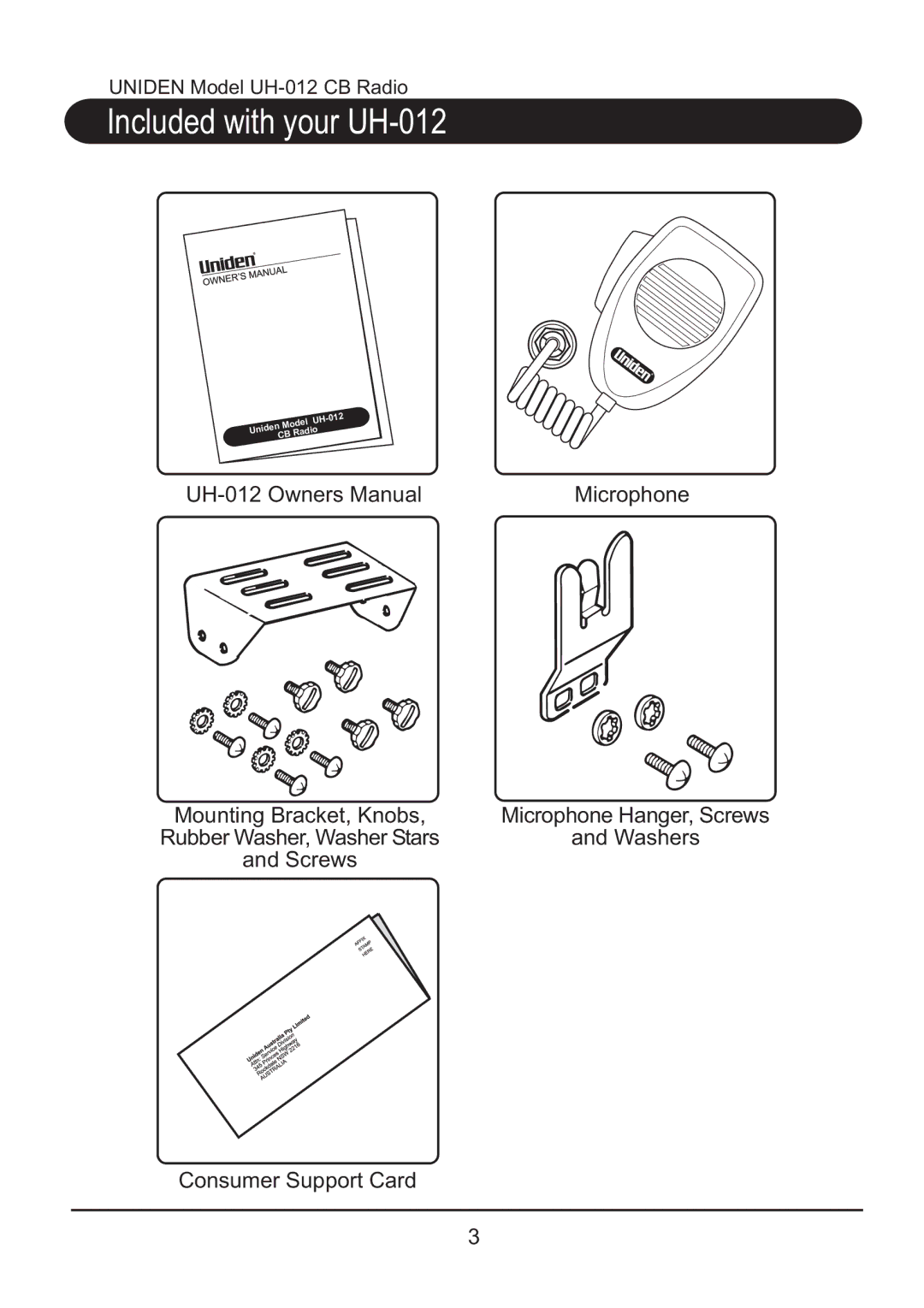 Uniden UH012 manual Included with your UH-012 