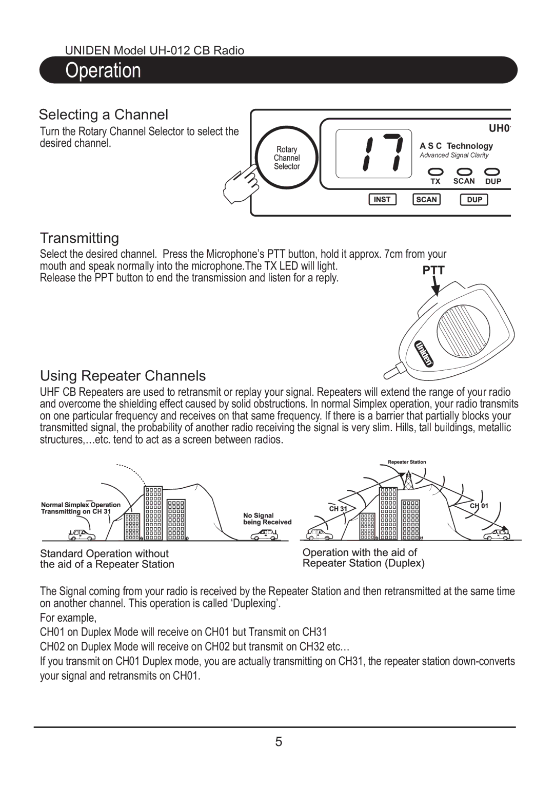 Uniden UH012 manual Selecting a Channel, Transmitting, Using Repeater Channels 