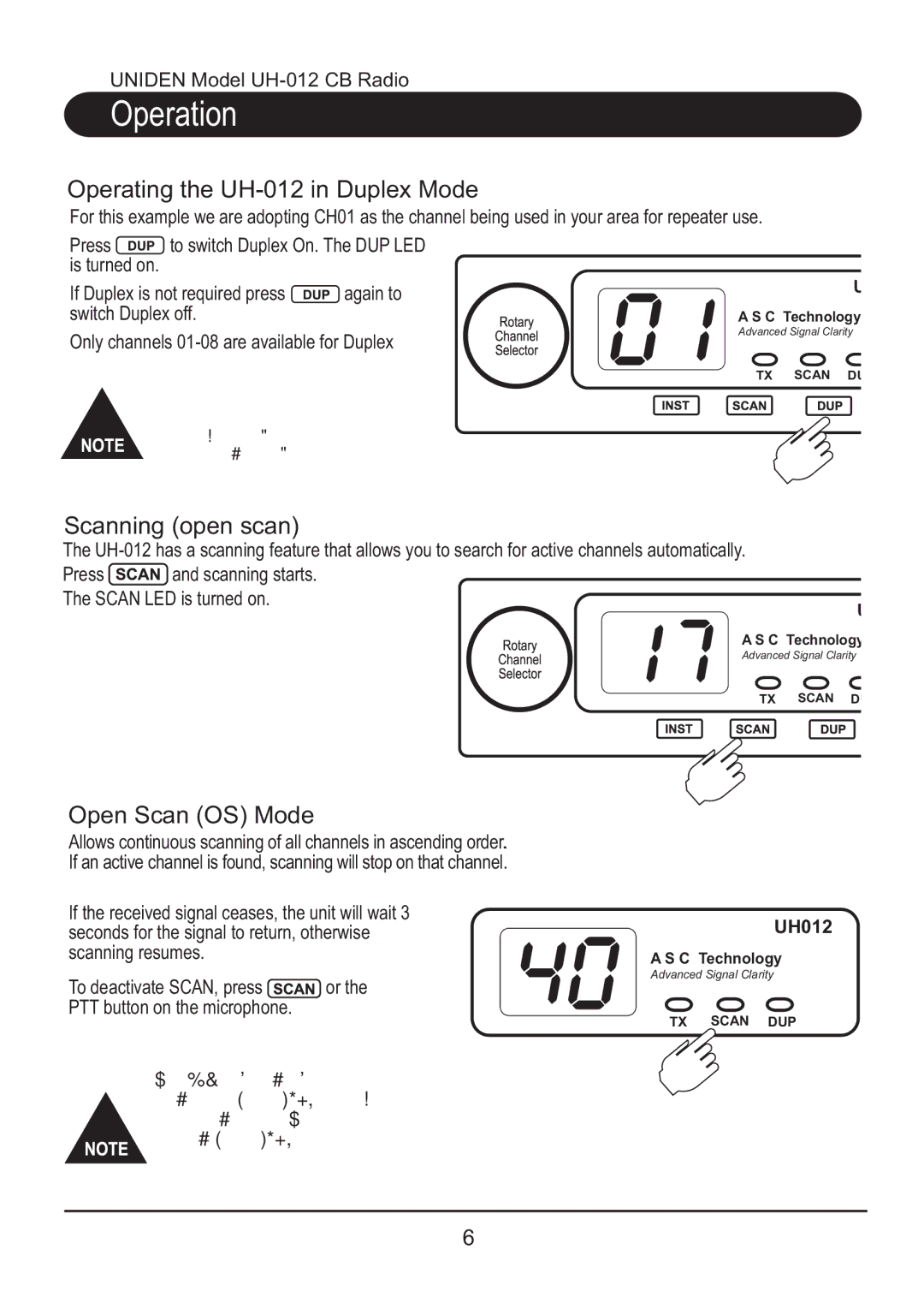 Uniden UH012 manual Operating the UH-012 in Duplex Mode, Scanning open scan, Open Scan OS Mode 