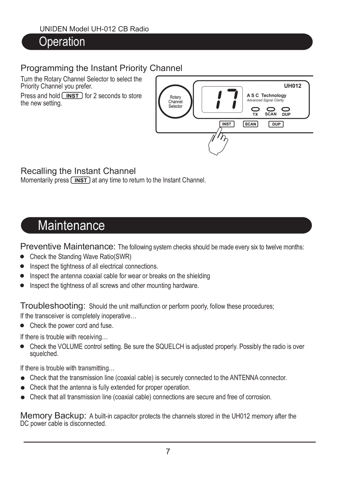 Uniden UH012 manual Programming the Instant Priority Channel, Recalling the Instant Channel 