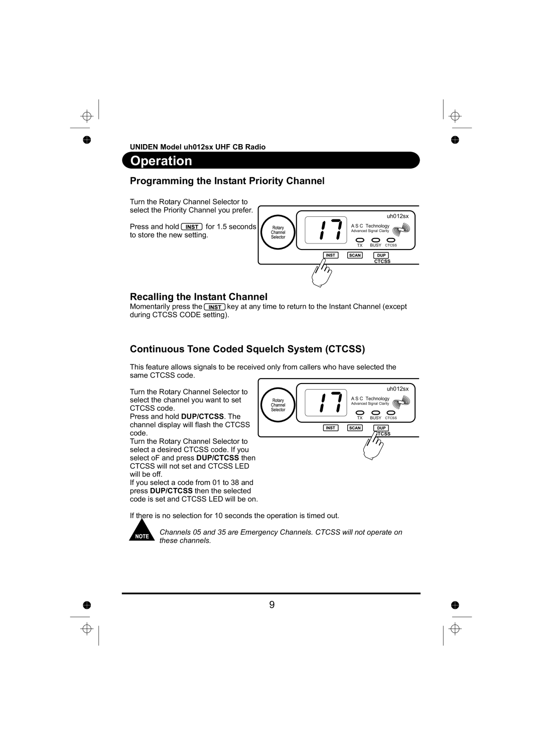 Uniden uh012sx manual Programming the Instant Priority Channel, Recalling the Instant Channel 