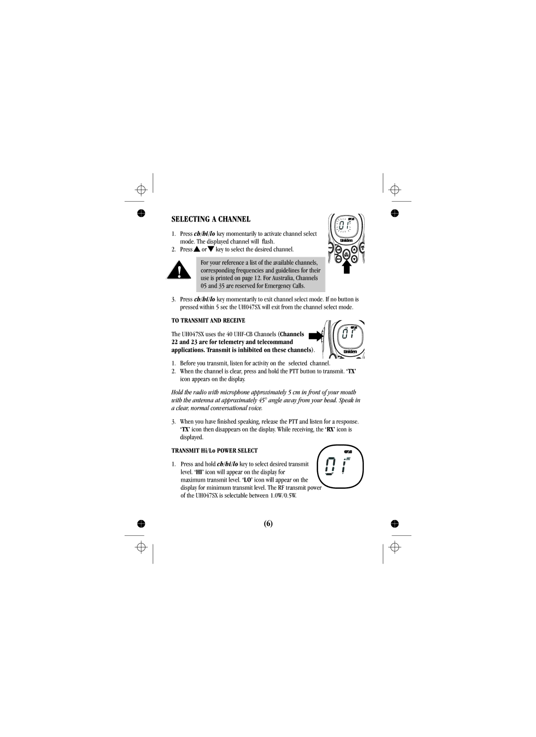 Uniden uh012sx manual Selecting a Channel 