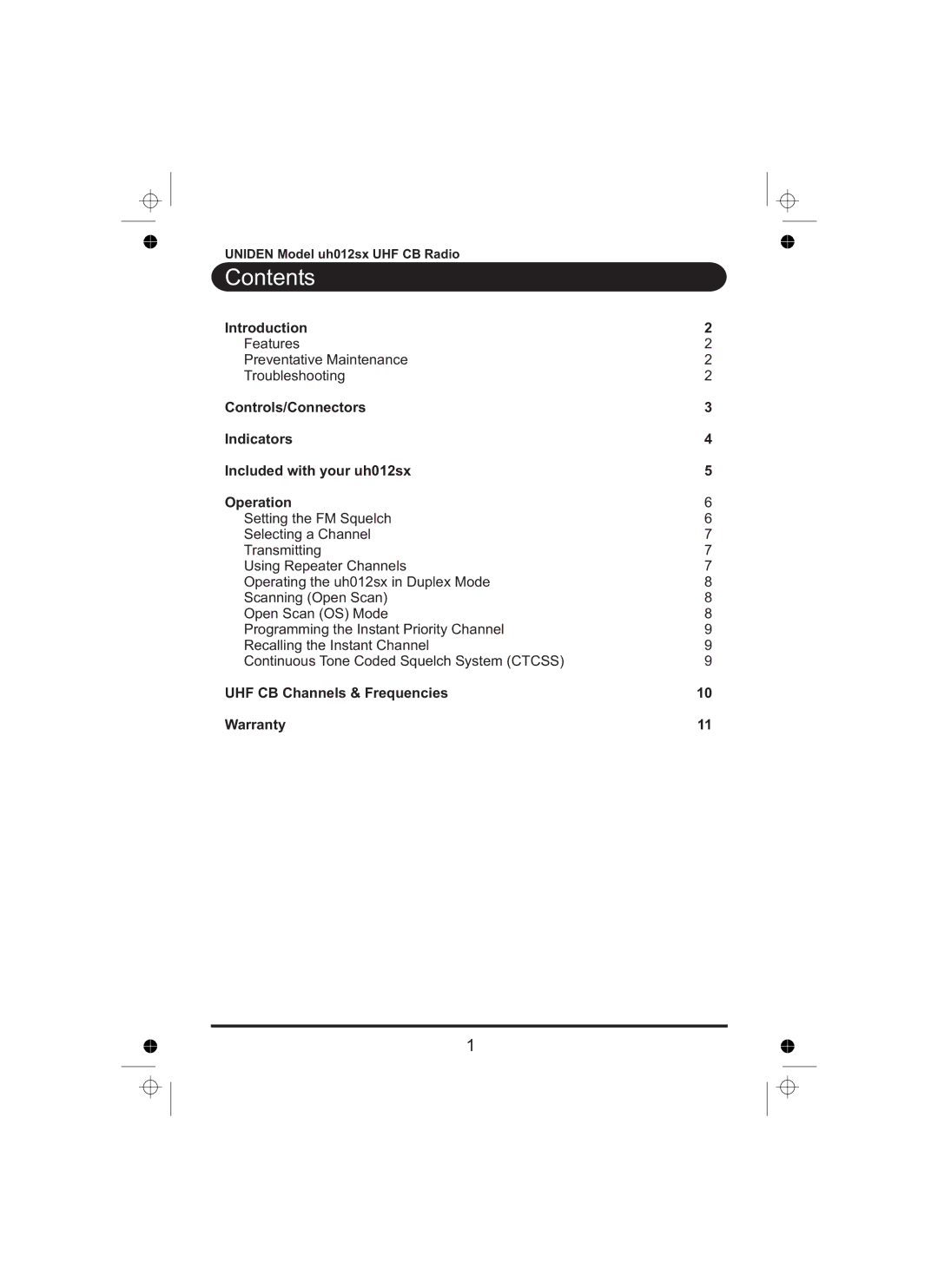 Uniden uh012sx manual Contents 