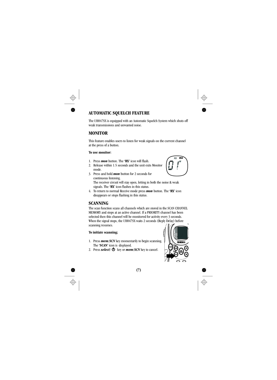 Uniden uh012sx manual Automatic Squelch Feature, Monitor, Scanning, To use monitor, To initiate scanning 