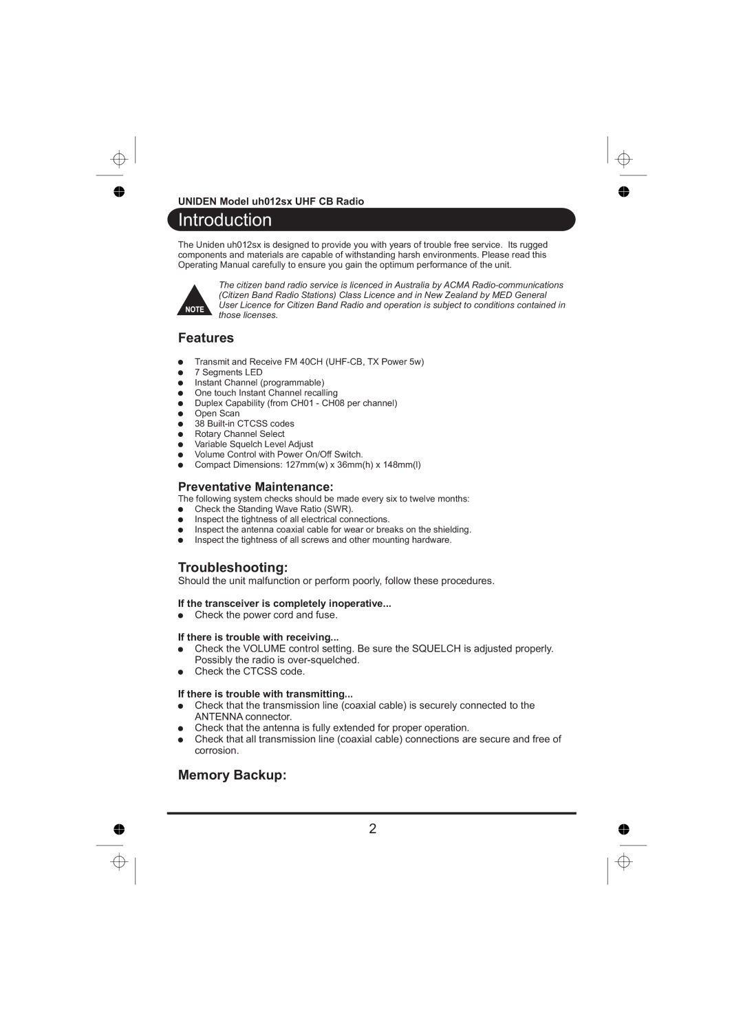 Uniden uh012sx manual Features, Troubleshooting, Memory Backup 