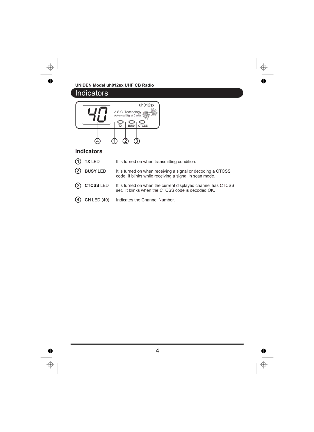 Uniden uh012sx manual Indicators 