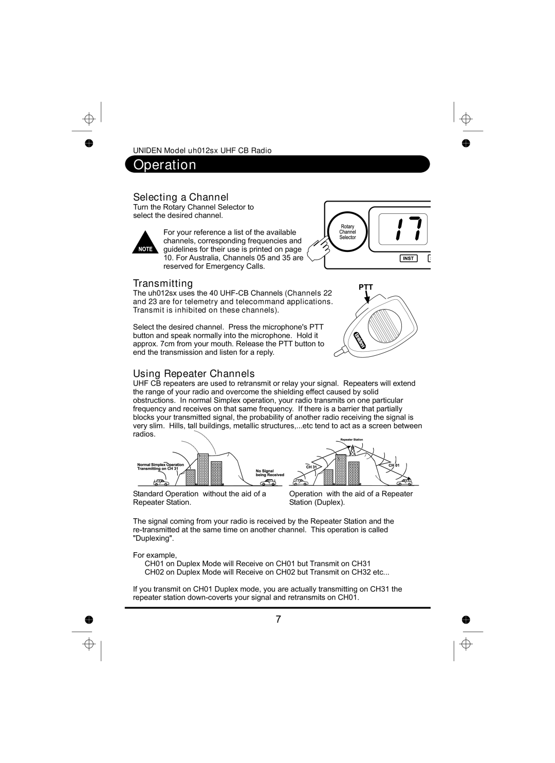 Uniden uh012sx manual Selecting a Channel, Transmitting, Using Repeater Channels 