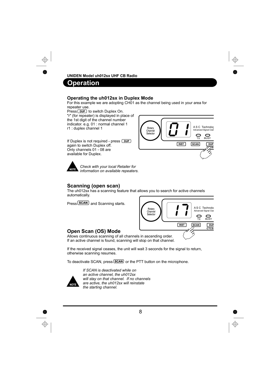 Uniden uh012sx manual Scanning open scan, Open Scan OS Mode 