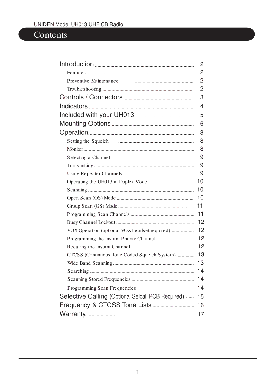 Uniden UH013 owner manual Contents 