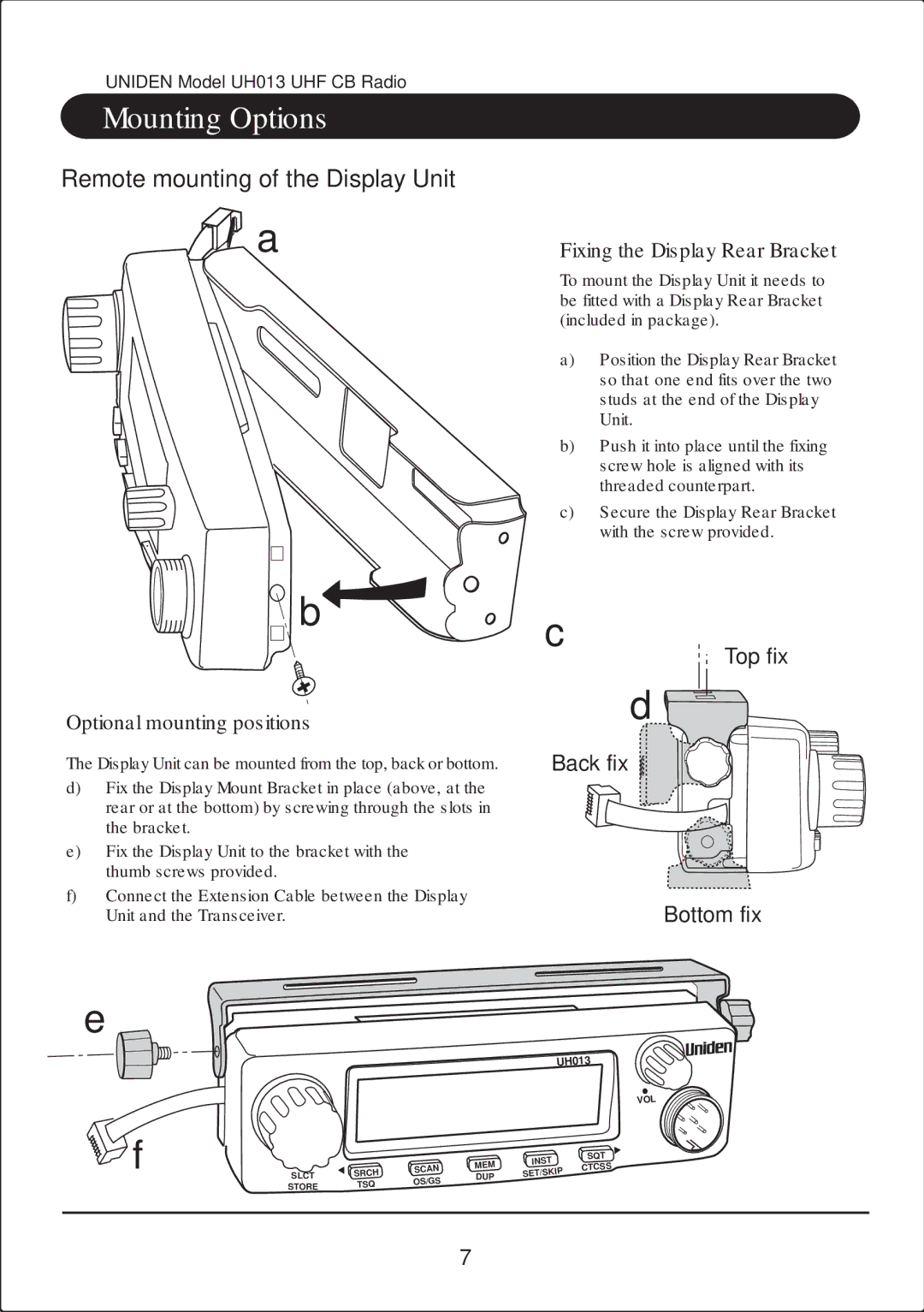 Uniden UH013 owner manual Fixing the Display Rear Bracket, Top fix Back fix Bottom fix 