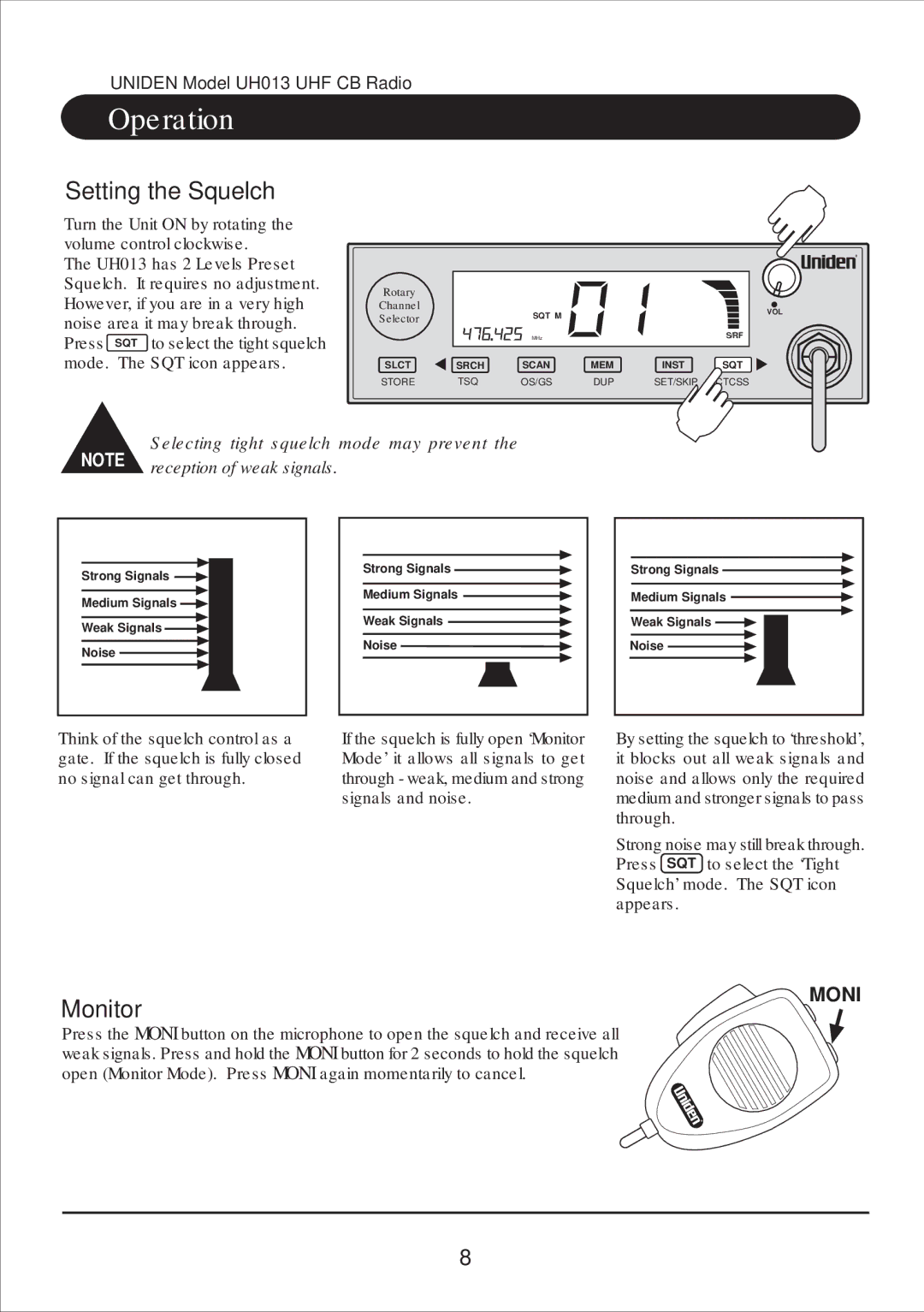 Uniden UH013 owner manual Operation, Setting the Squelch, Monitor 