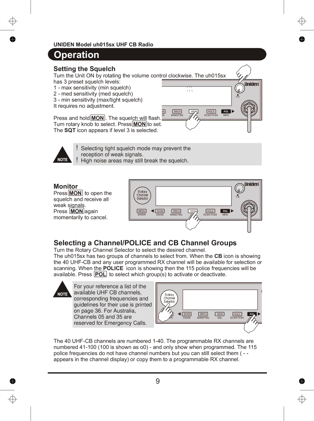 Uniden UH015sx manual Operation, Selecting a Channel/POLICE and CB Channel Groups, Setting the Squelch, Monitor 