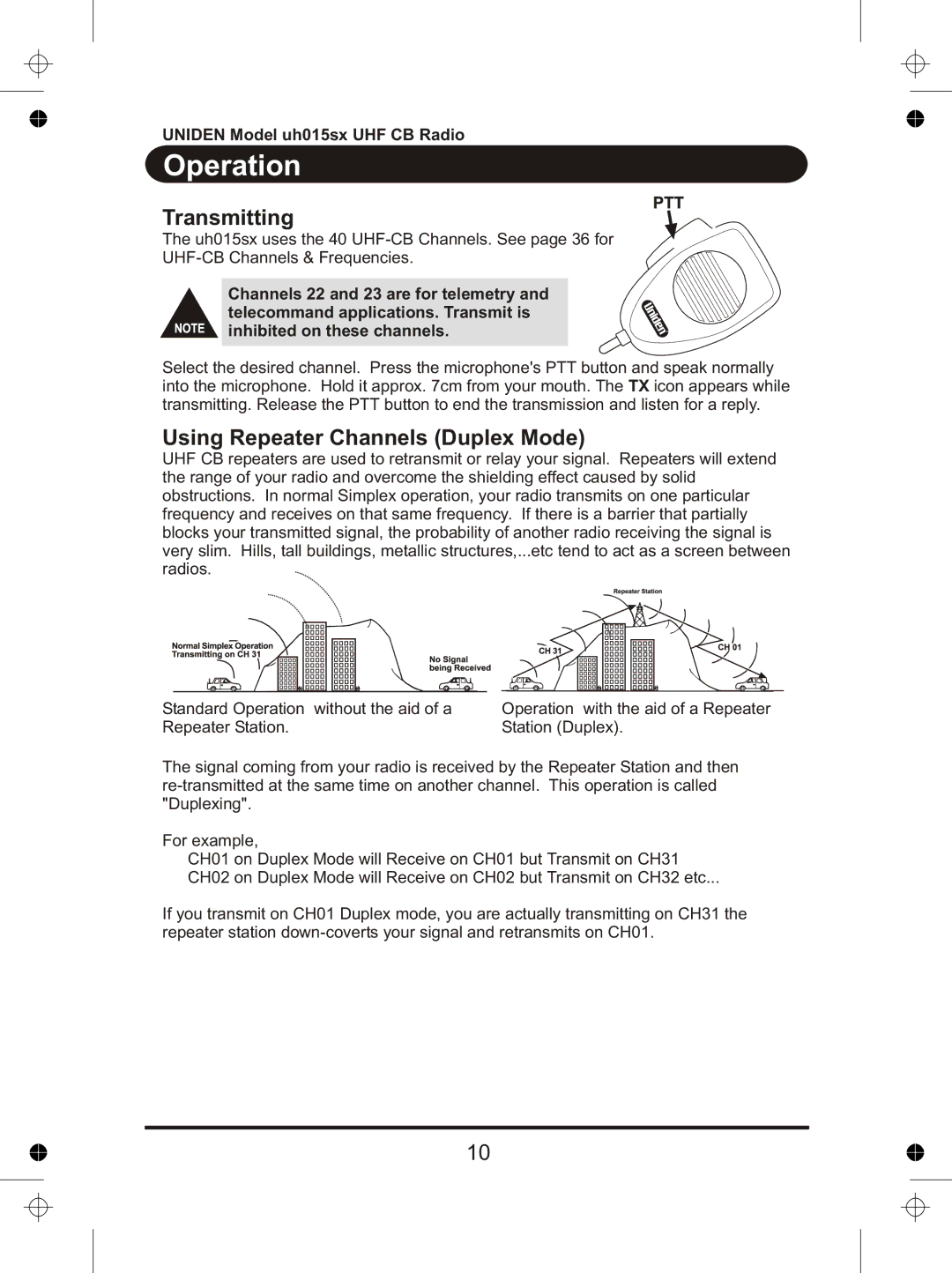 Uniden UH015sx manual Transmitting, Using Repeater Channels Duplex Mode 