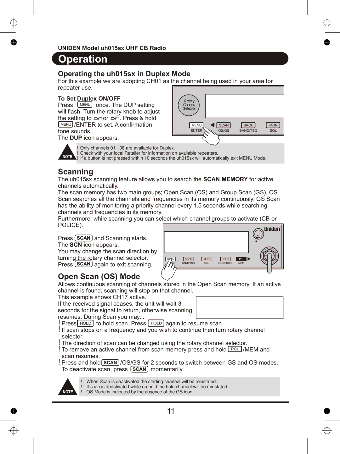 Uniden UH015sx manual Scanning, Open Scan OS Mode, Operating the uh015sx in Duplex Mode 