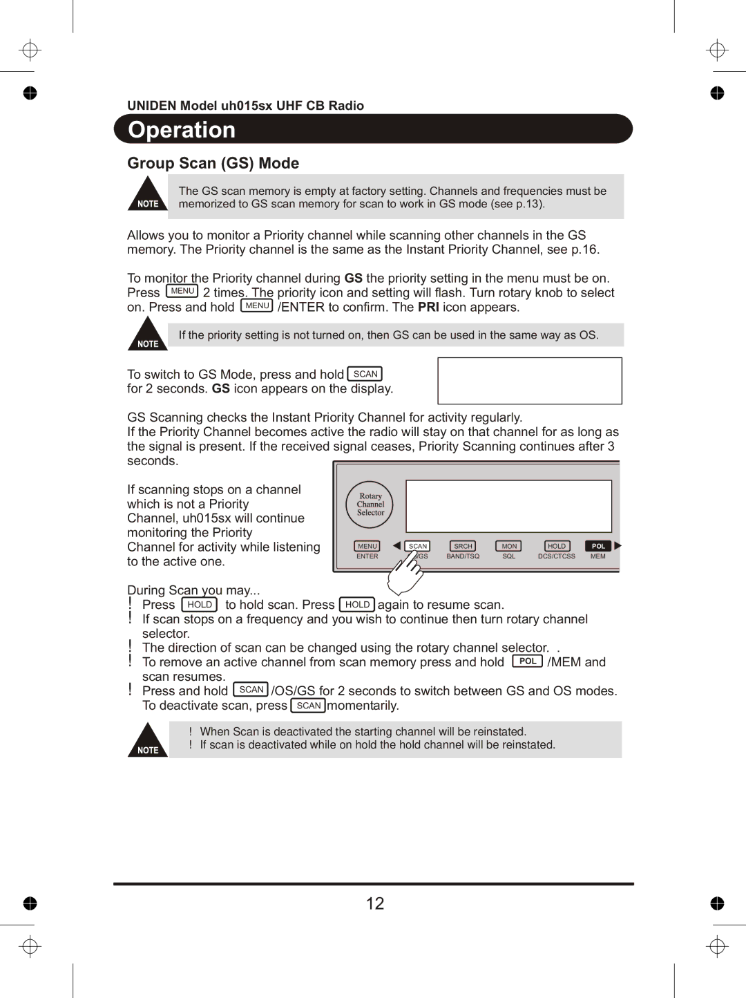 Uniden UH015sx manual Group Scan GS Mode 