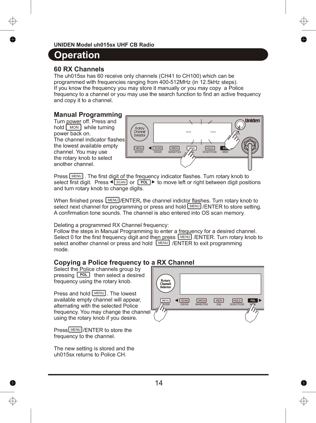 Uniden UH015sx manual RX Channels, Manual Programming, Copying a Police frequency to a RX Channel 